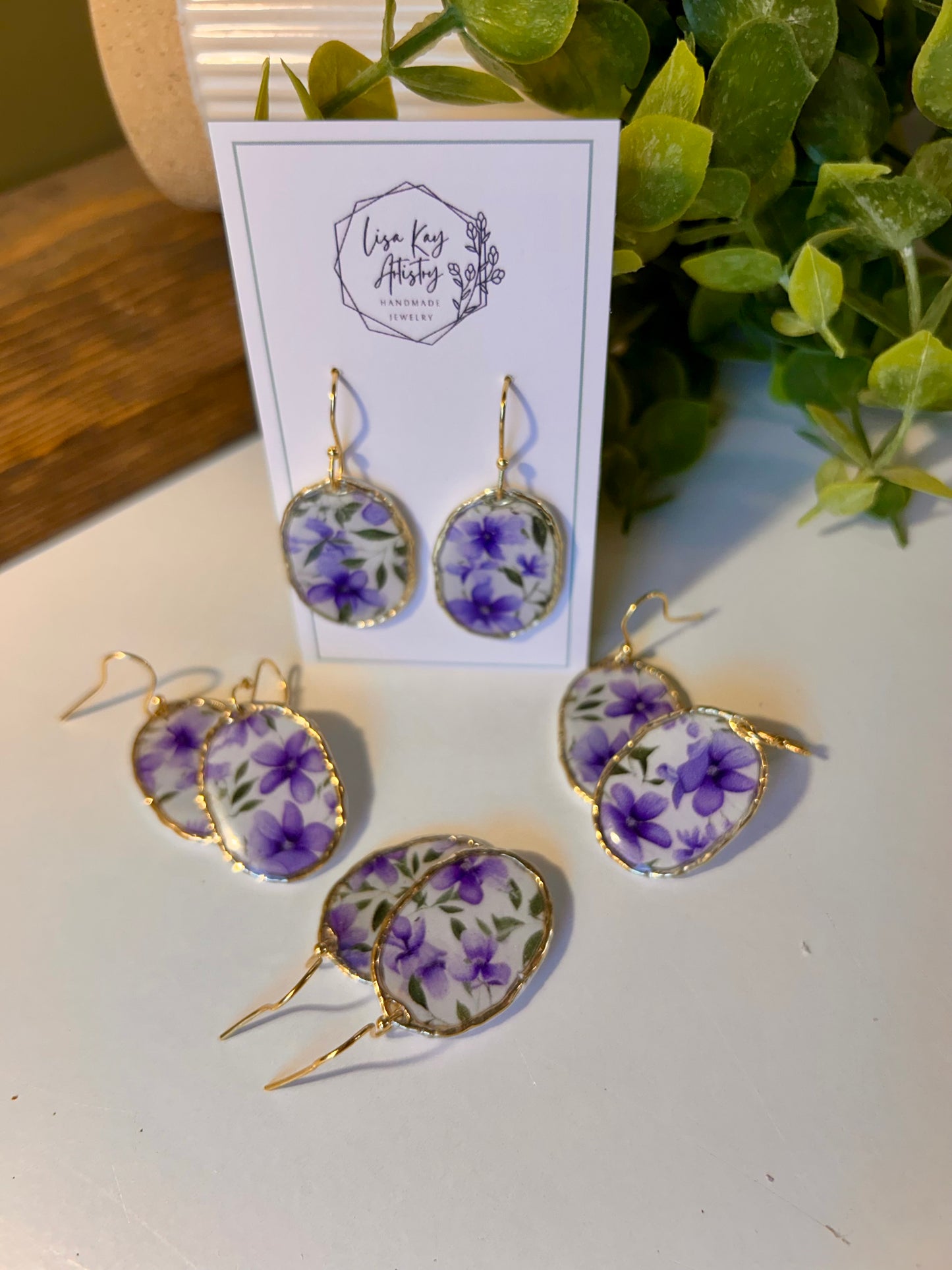 Violet Print Framed Oval Dangle