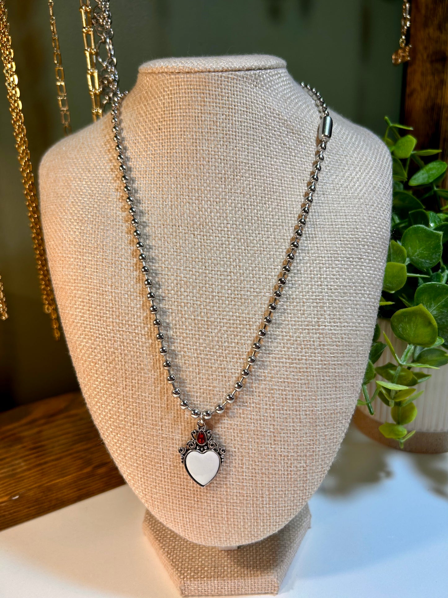 Single Heart and Steel Pendant Charm Necklace on stainless steel ball link chain