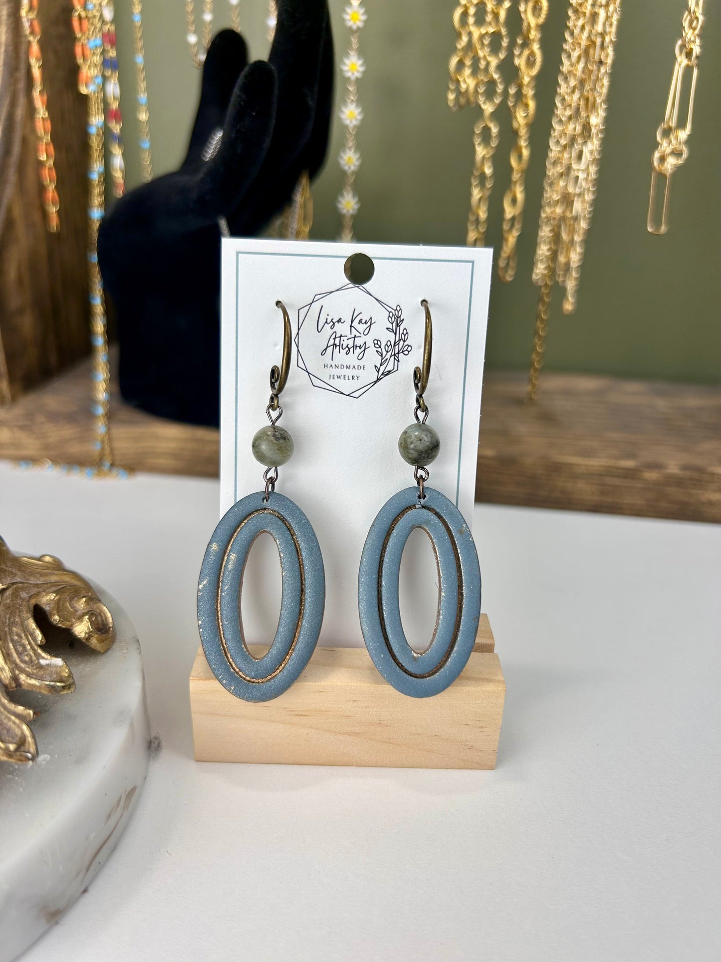 Slate Grey Embossed Oval Earrings with Amazonite Beads – Handmade Polymer Clay Jewelry
