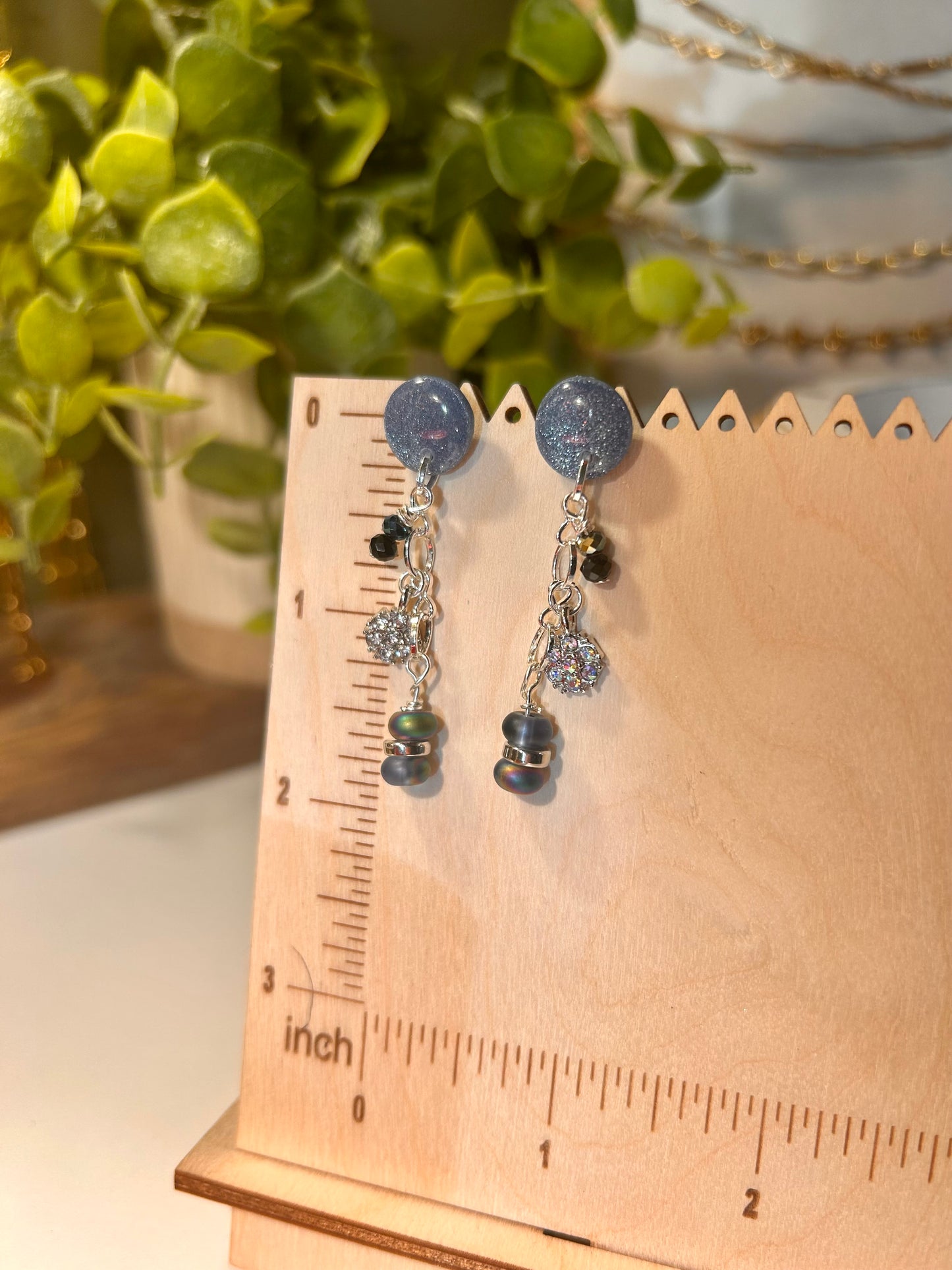 Round Steel Blue Beaded Dangle Earrings