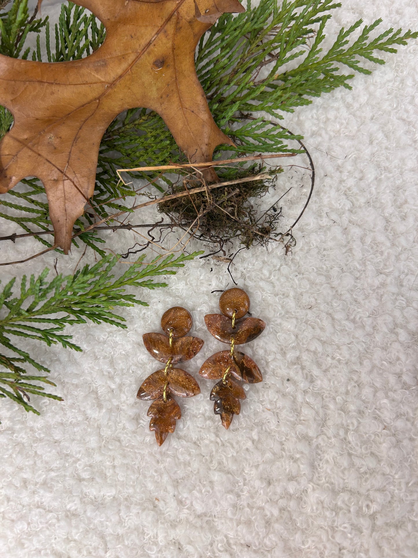 Forest Floor Leaf Stack 2 Gold Dangles handmade Brown and Gold Earrings