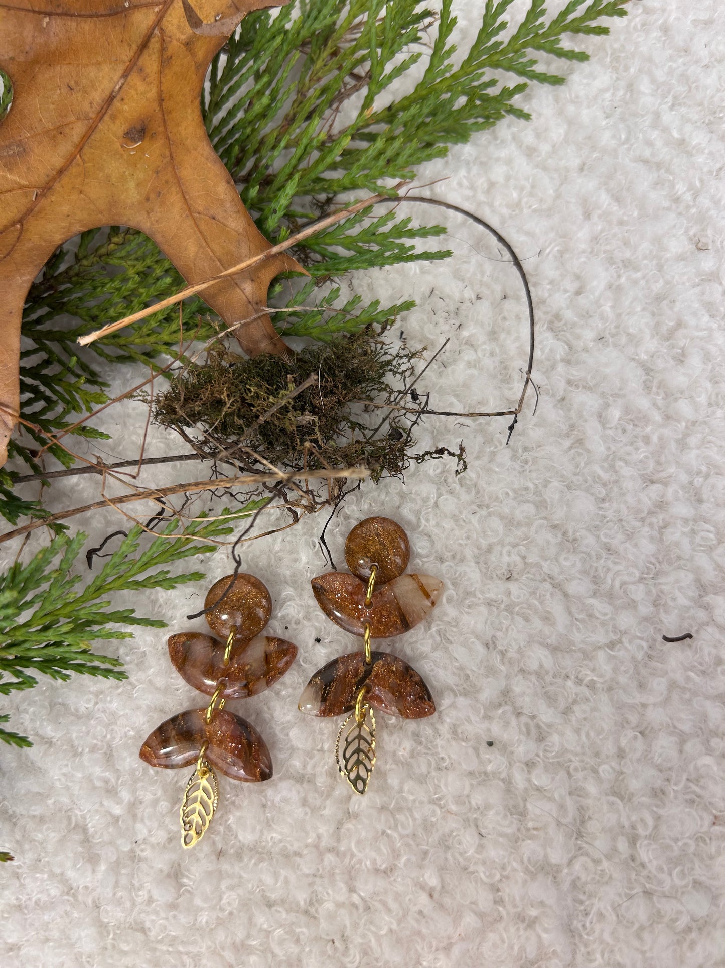 Forest Floor Leaf Stack 1 Dangles Handmade Brown and Gold Earrings