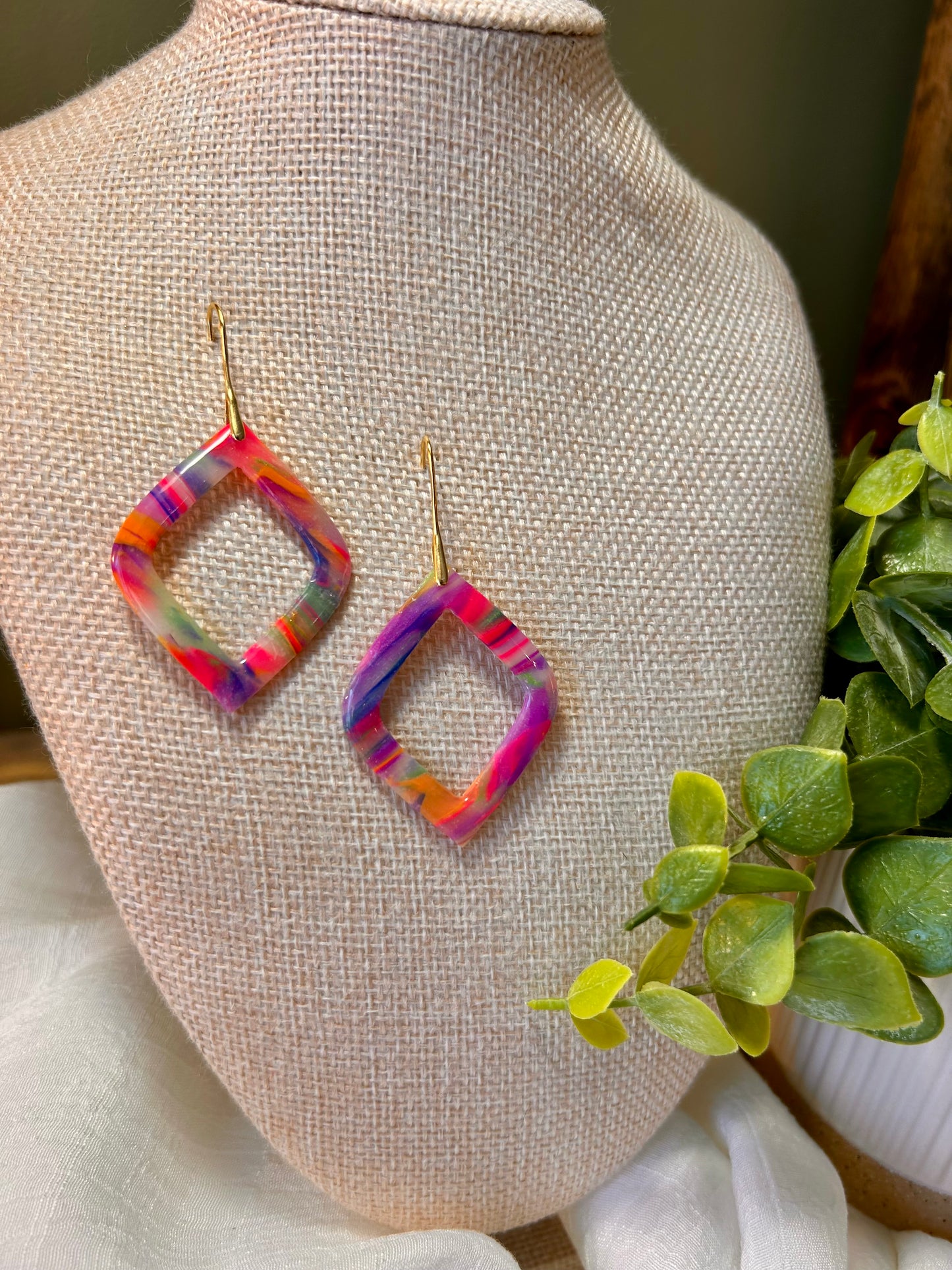 Rainbow Open Diamond Statement Dangle Earrings One of a Kind