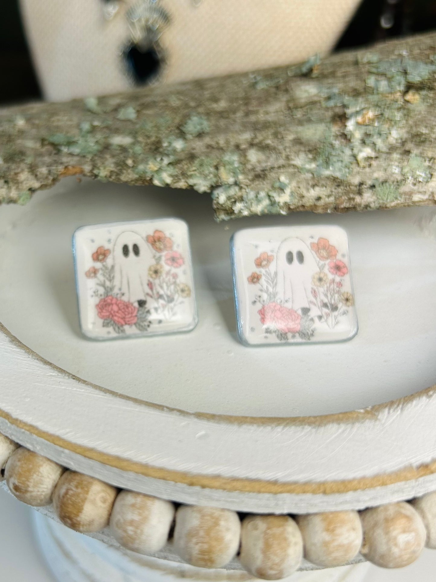 Floral Ghost Square Stud Earrings