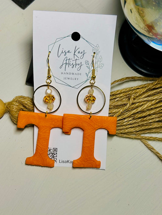 Tennessee T with beaded Charm (Textured Embossed Orange) - 2 inch T