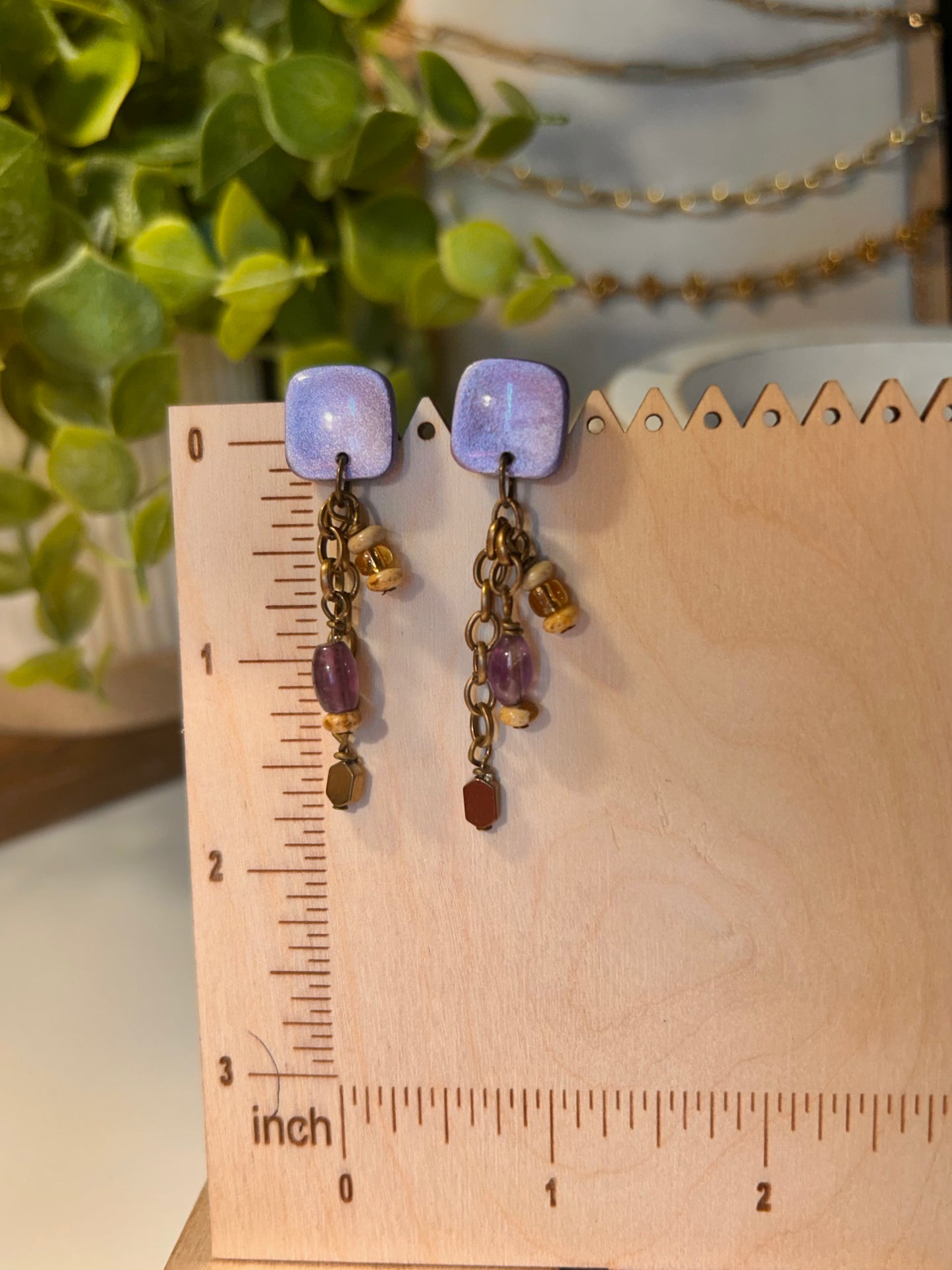 Rounded Square Deep Amethyst Purple Beaded Dangle Earrings