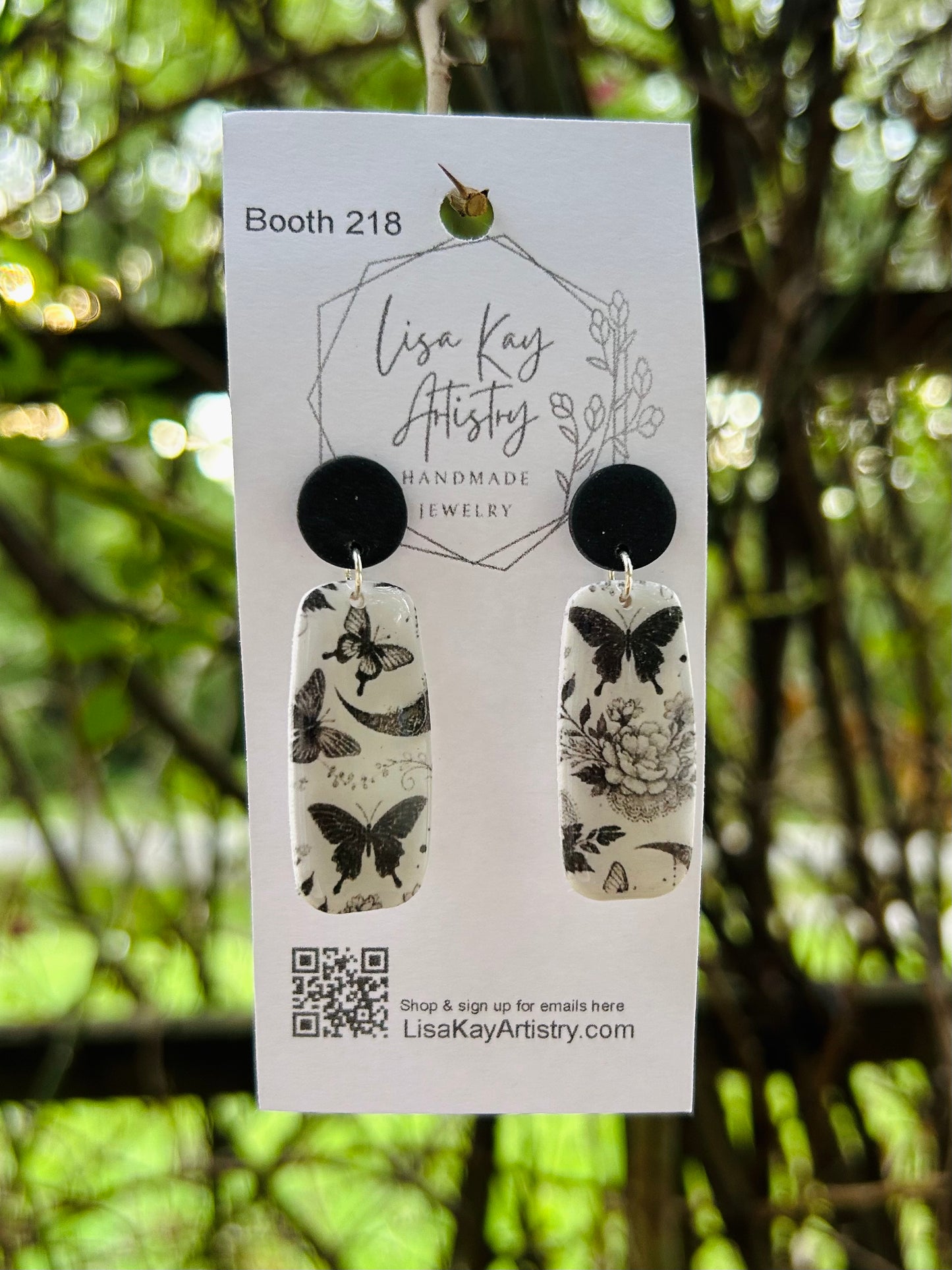 Tattoo Art Rectangle Earrings – Bold Black & White Line Art Jewelry with Butterfly & Floral Designs