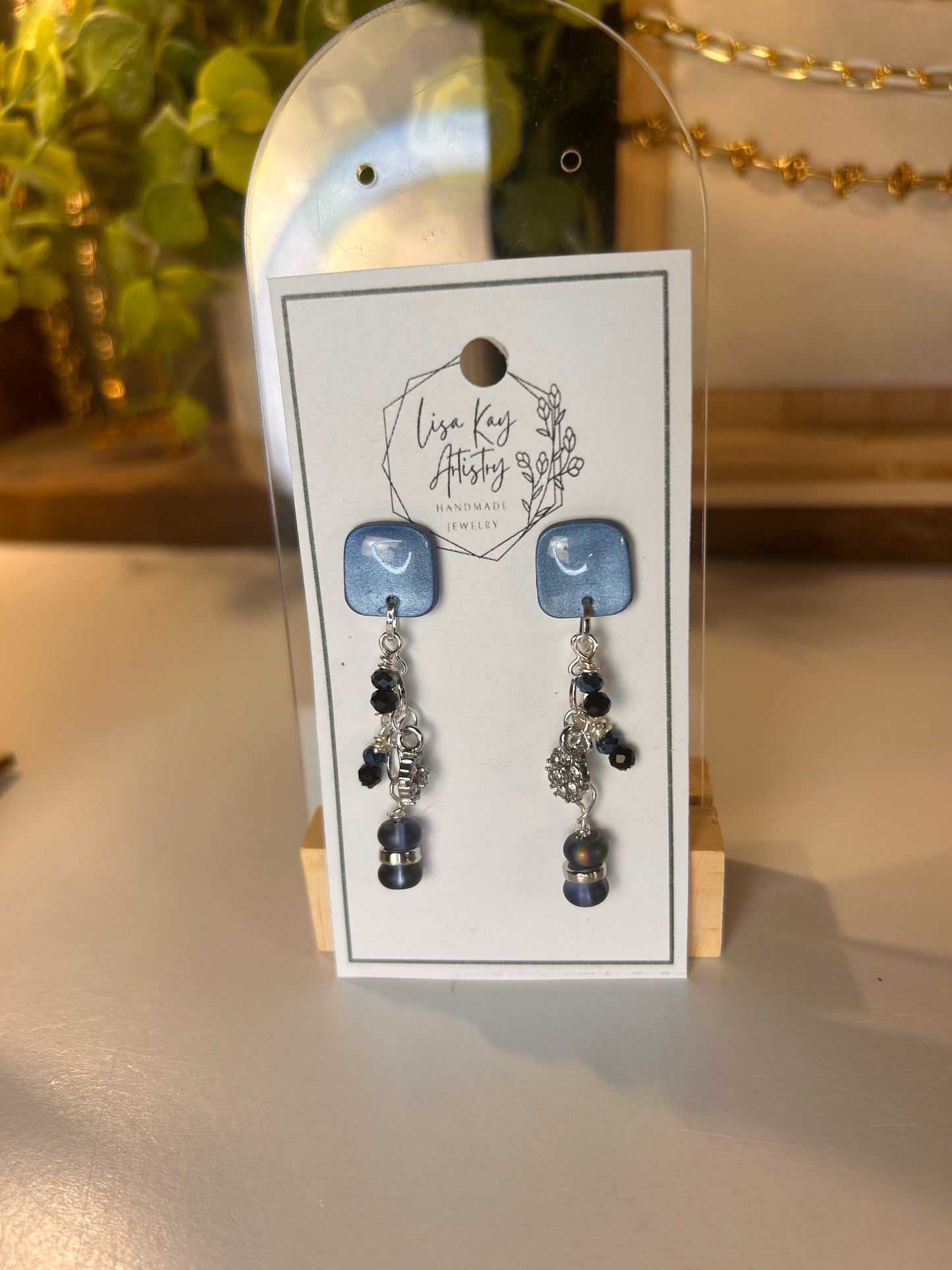 Square Steel Blue Beaded Dangle Earrings