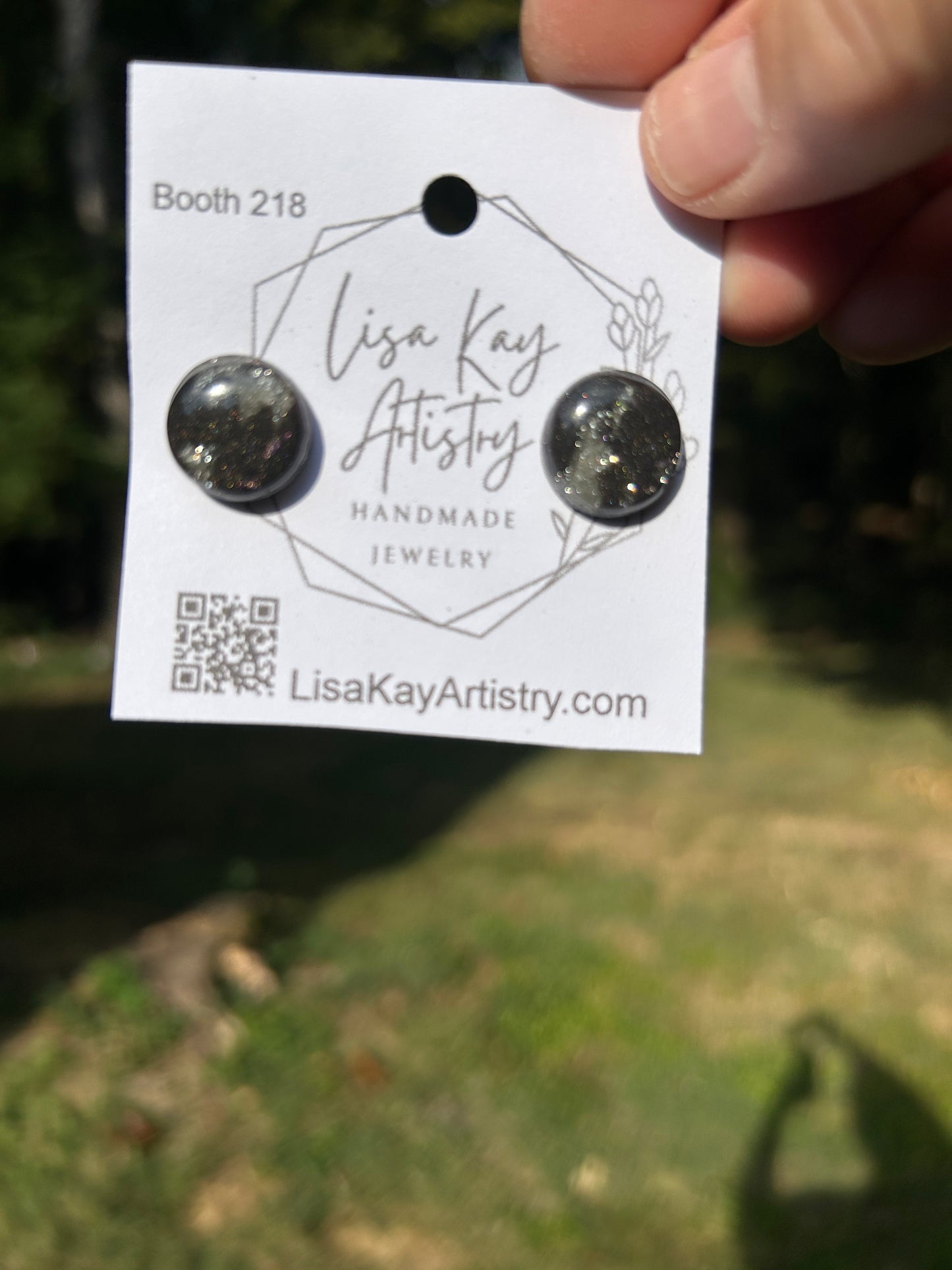 Black Round Studs with Silver Glitter