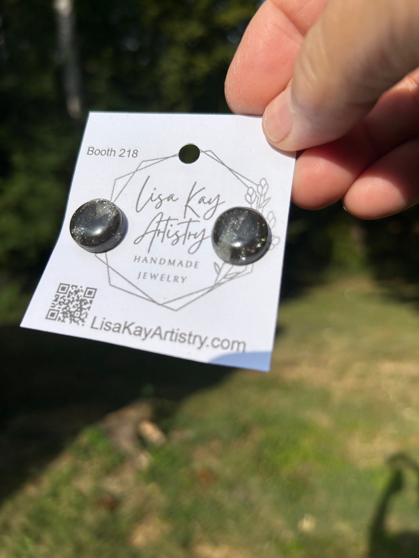 Black Round Studs with Silver Glitter