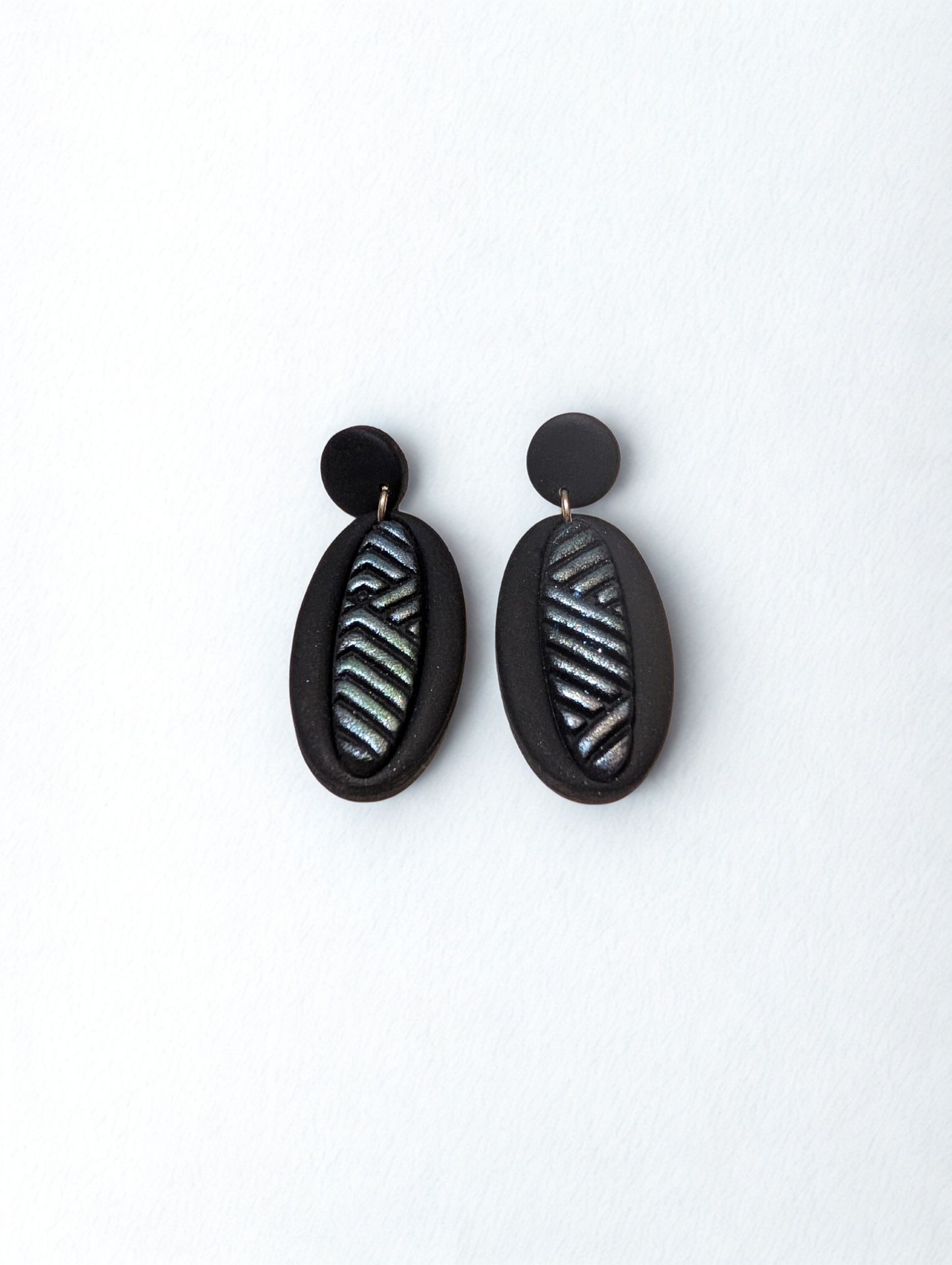 Black Patterned Oval Earrings