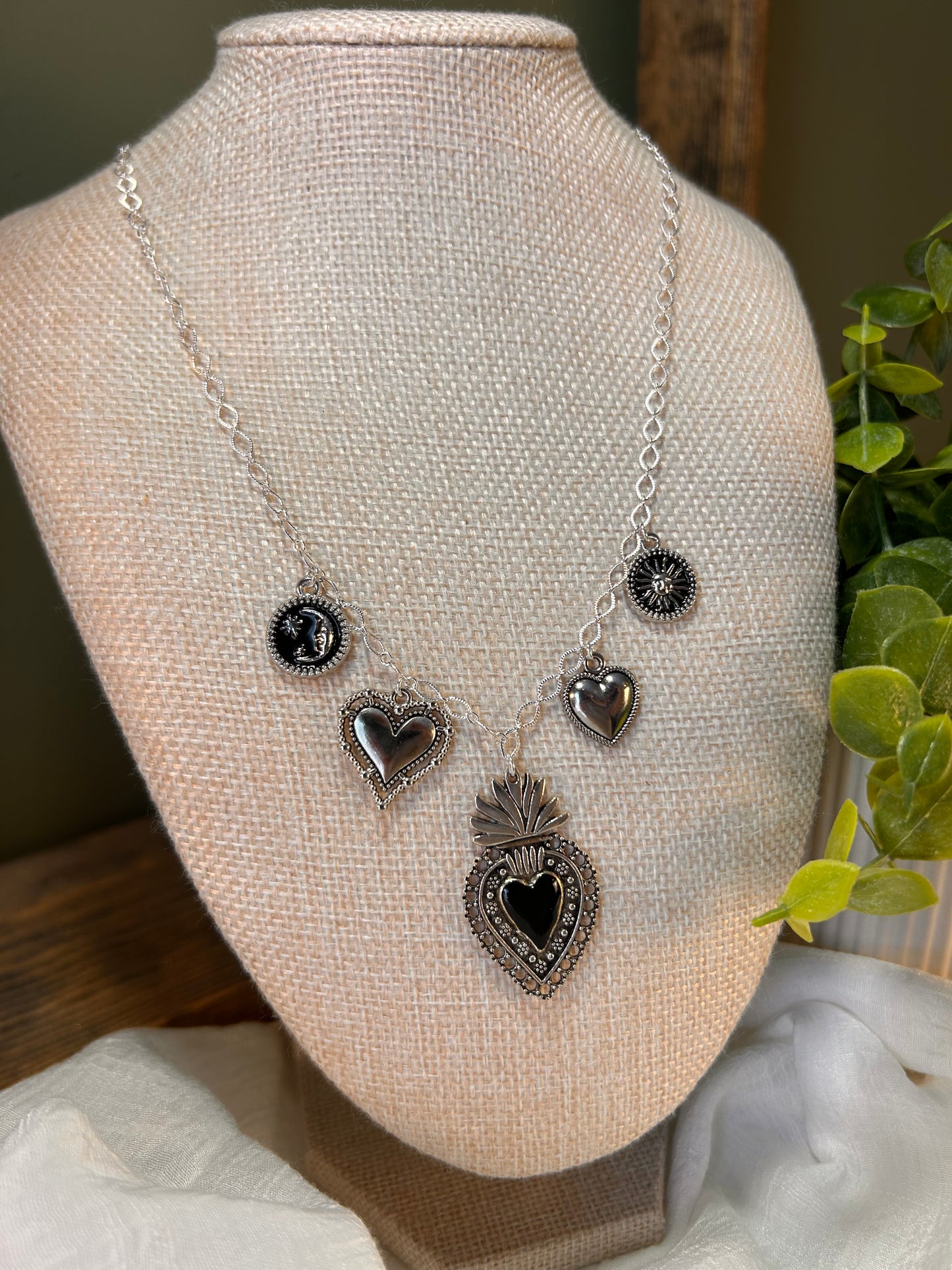 Celestial Hearts Charm Necklace Stainless Steel Silver color.