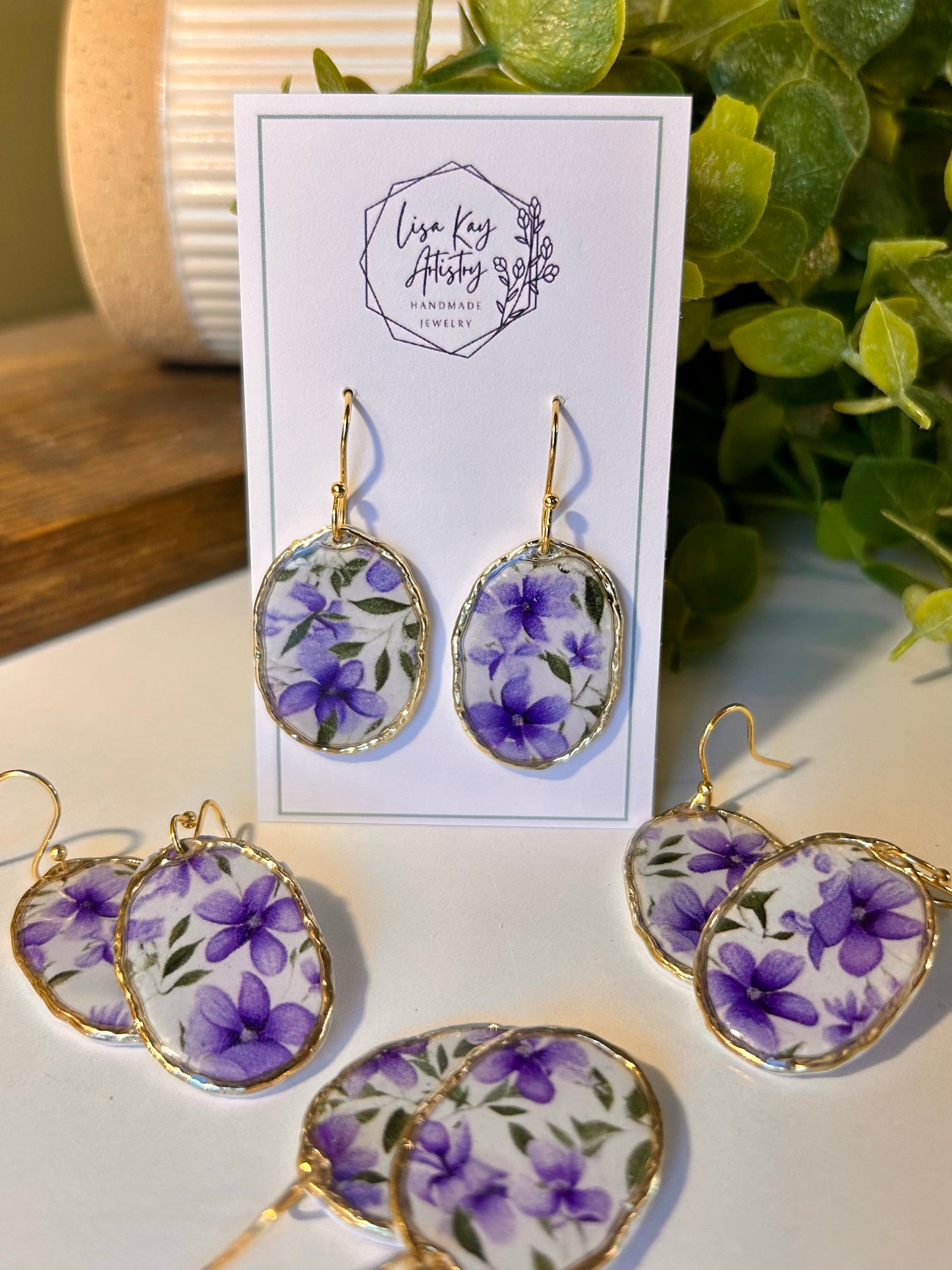 Violet Print Framed Oval Dangle