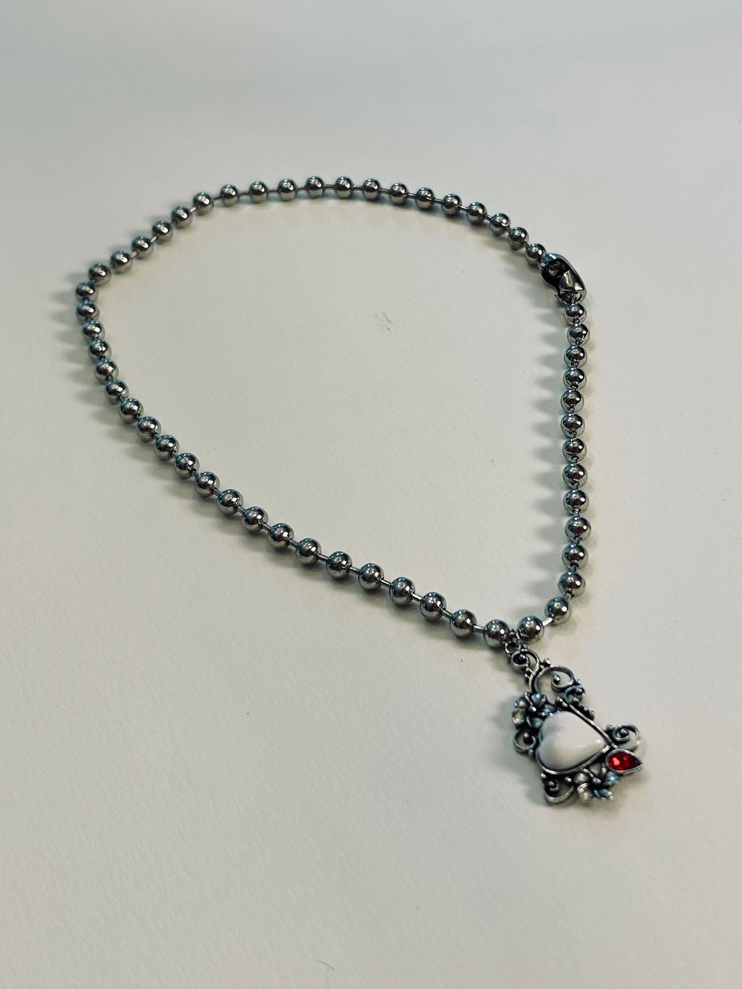 Detailed Heart and Steel Pendant Charm Necklace on stainless steel ball link chain
