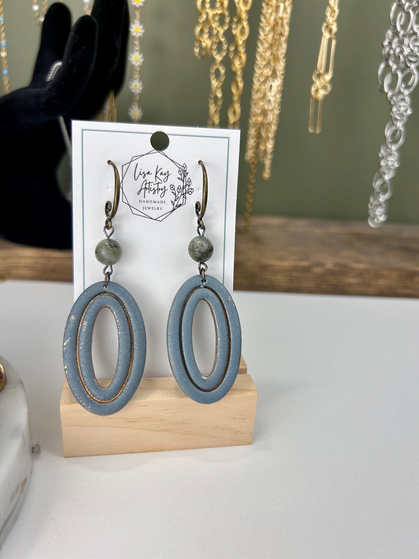Slate Grey Embossed Oval Earrings with Amazonite Beads – Handmade Polymer Clay Jewelry