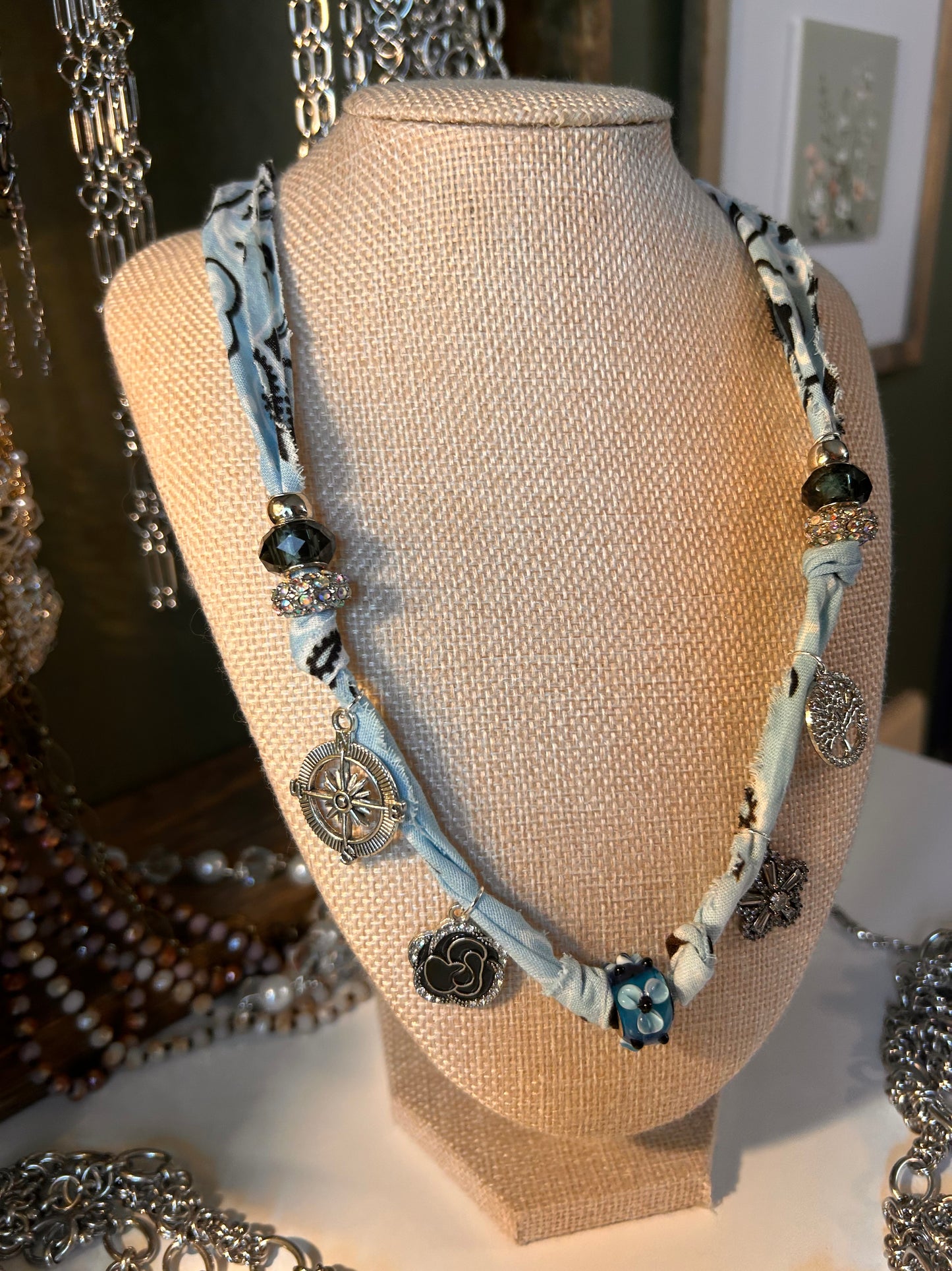 Raw Edge Bandana Ribbon Necklace with 9-10 Beads and/or standard Charms