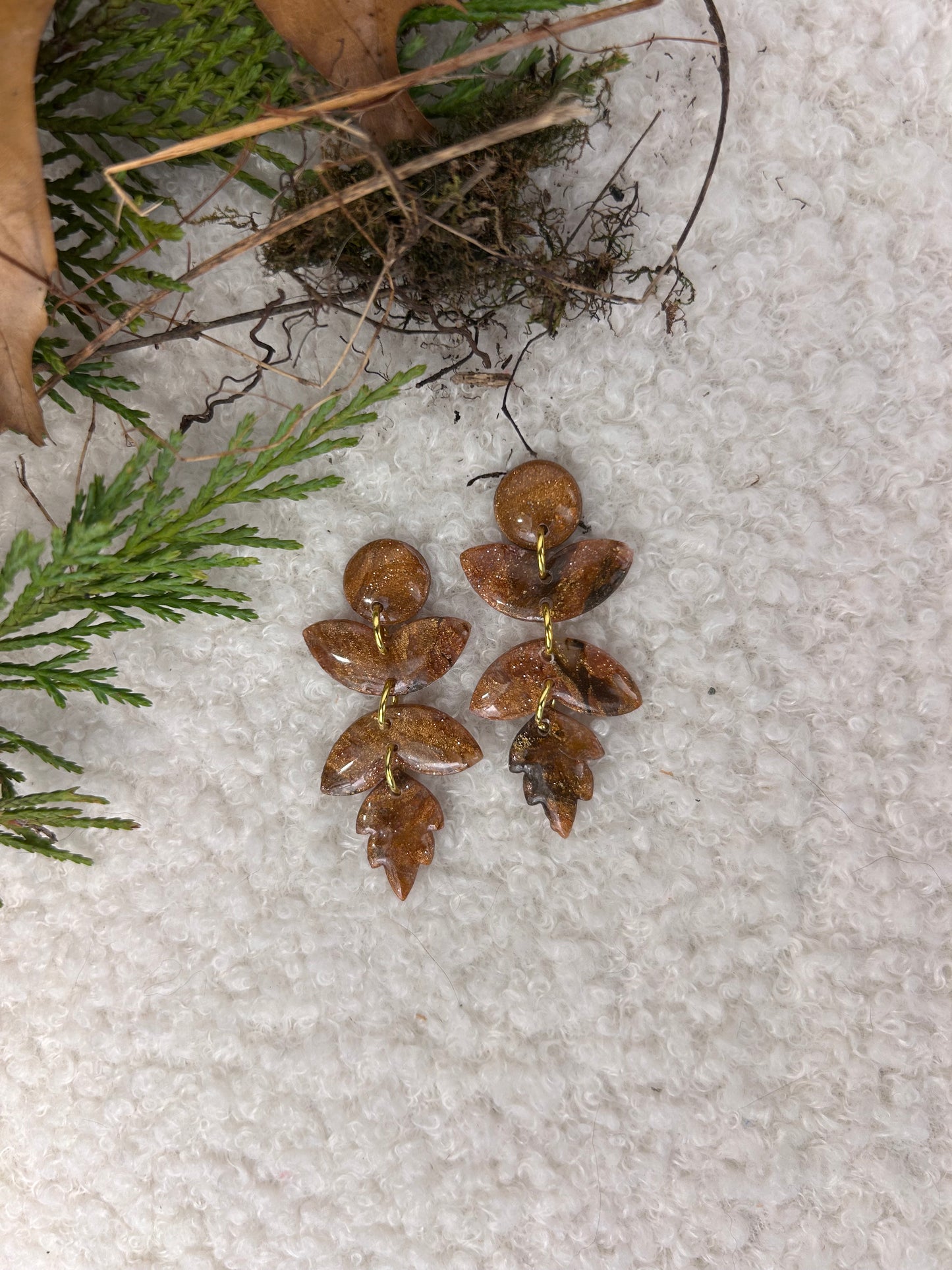 Forest Floor Leaf Stack 2 Gold Dangles handmade Brown and Gold Earrings