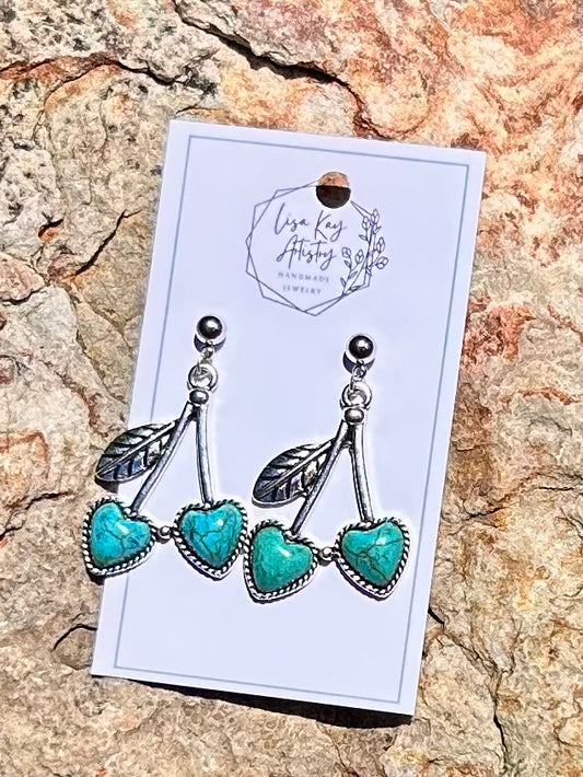 Cherry Faux Turquoise Hearts and Steel Charms & Earrings