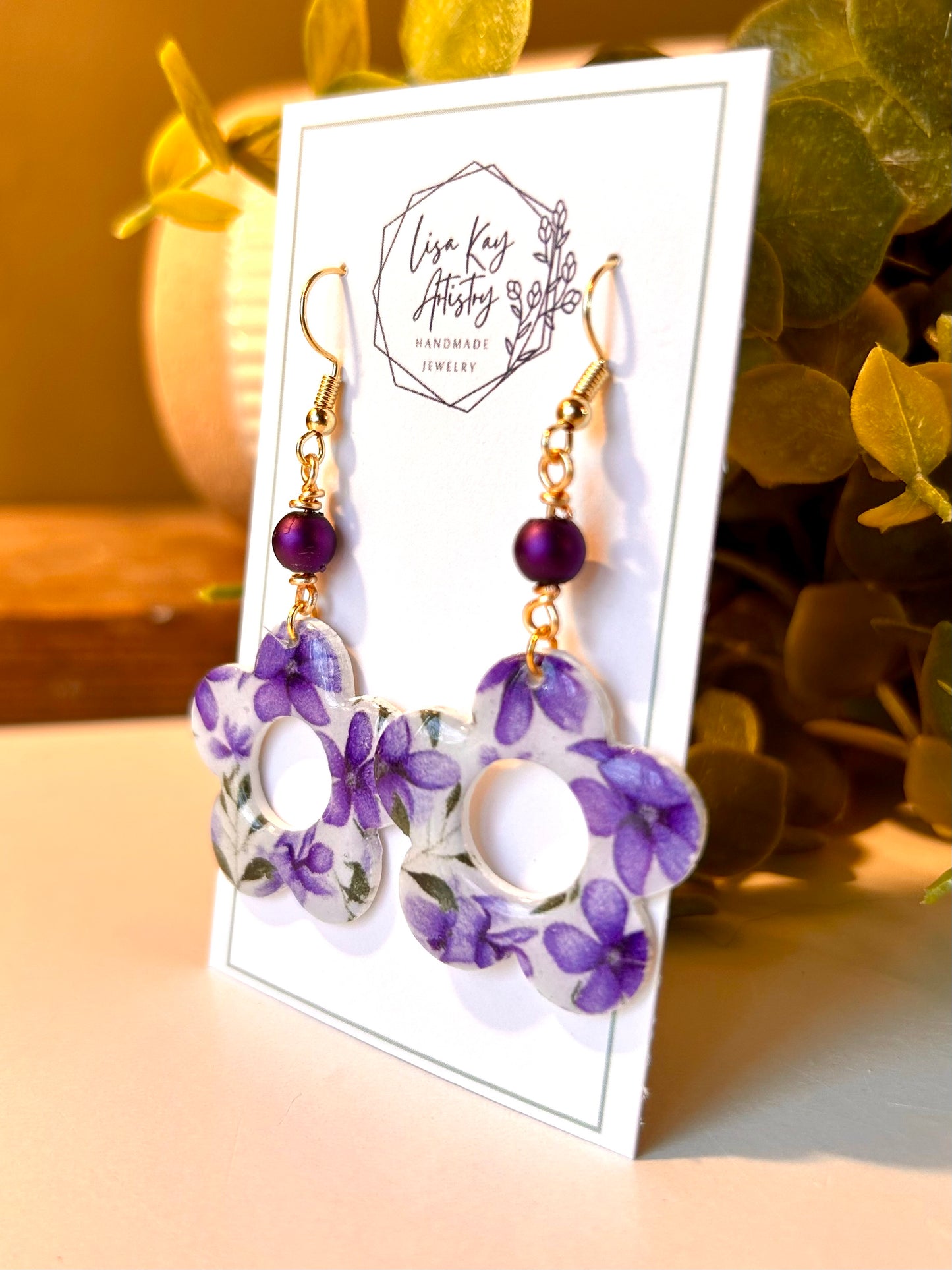 Violet Graphic Print Open Flower Dangle with Wrapped Bead