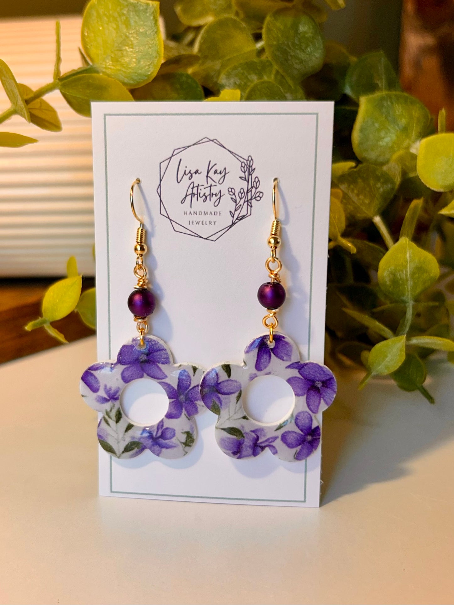 Violet Graphic Print Open Flower Dangle with Wrapped Bead