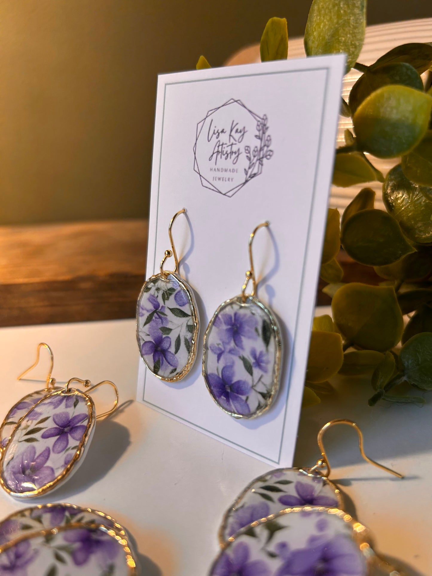 Violet Print Framed Oval Dangle