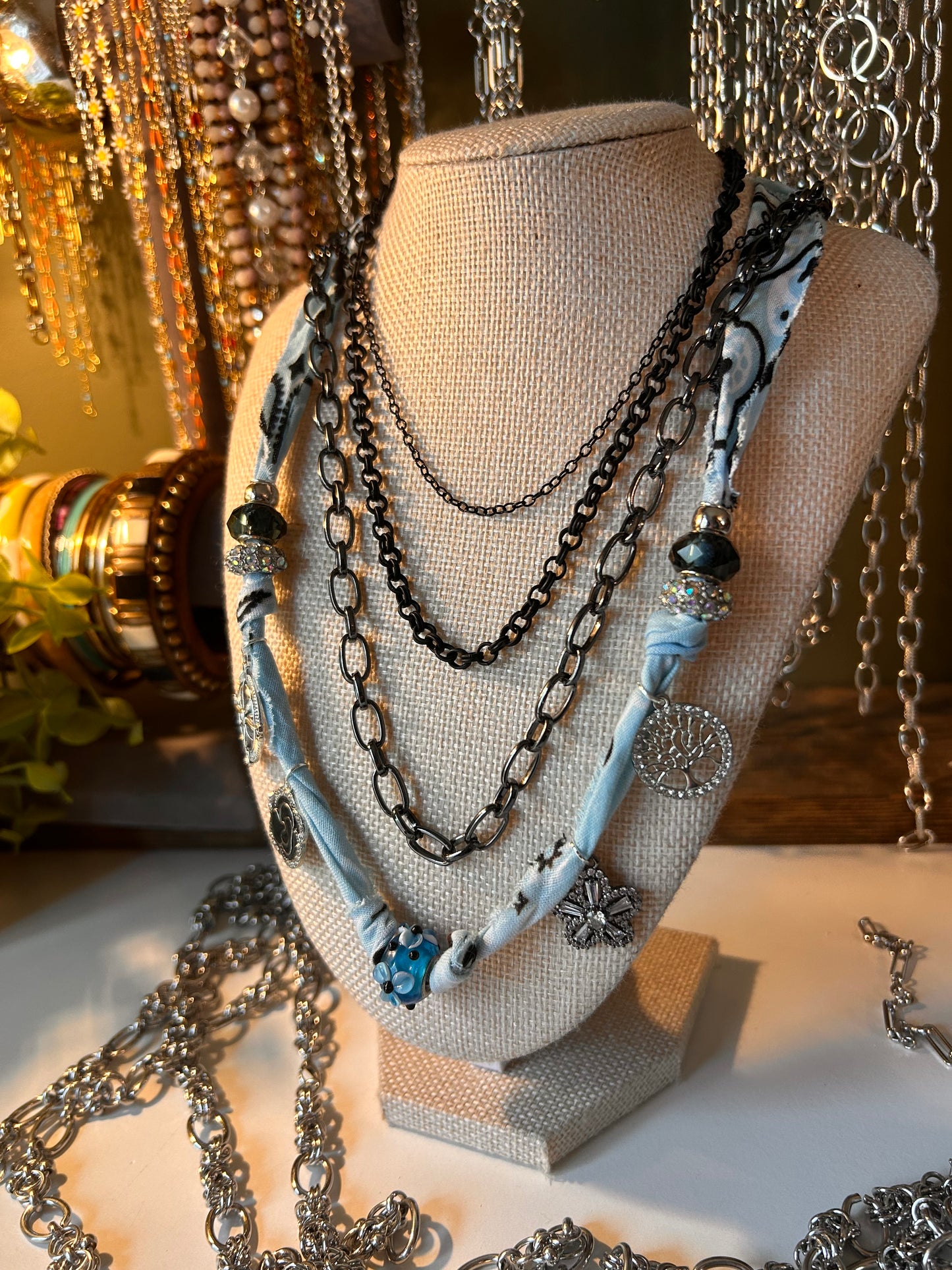 Raw Edge Bandana Ribbon Necklace with 9-10 Beads and/or standard Charms
