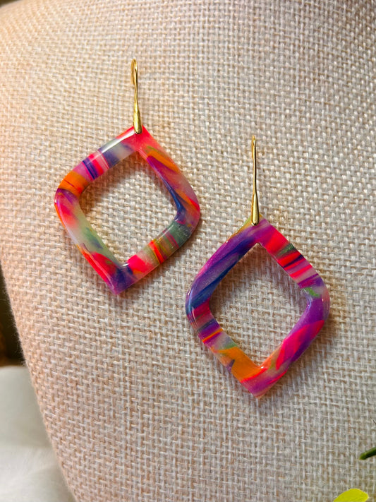 Rainbow Open Diamond Statement Dangle Earrings One of a Kind