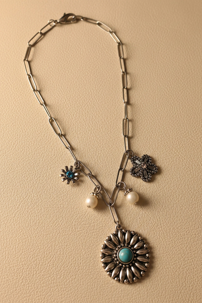 Turquoise and Steel Charm Necklace - 5 Charms