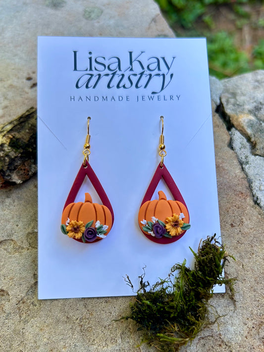 Cranberry and Orange Pumpkin Dangle Earrings
