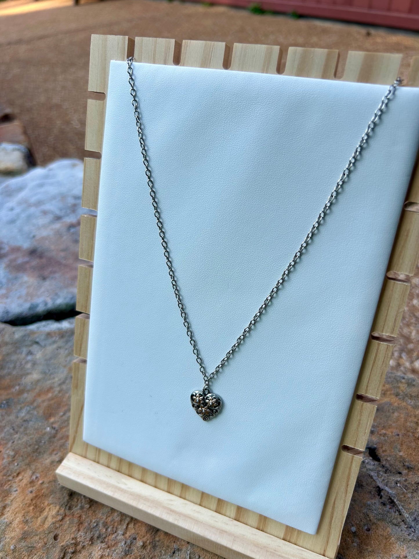 Silver & Gold Floral Heart Charm Necklace- ready to wear