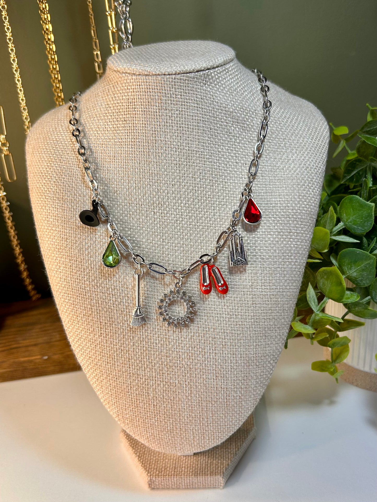 Wizard of Oz Charm Inspired Necklace, Earrings and Bracelet – Witch Hat, Broom, Ruby Slippers & More