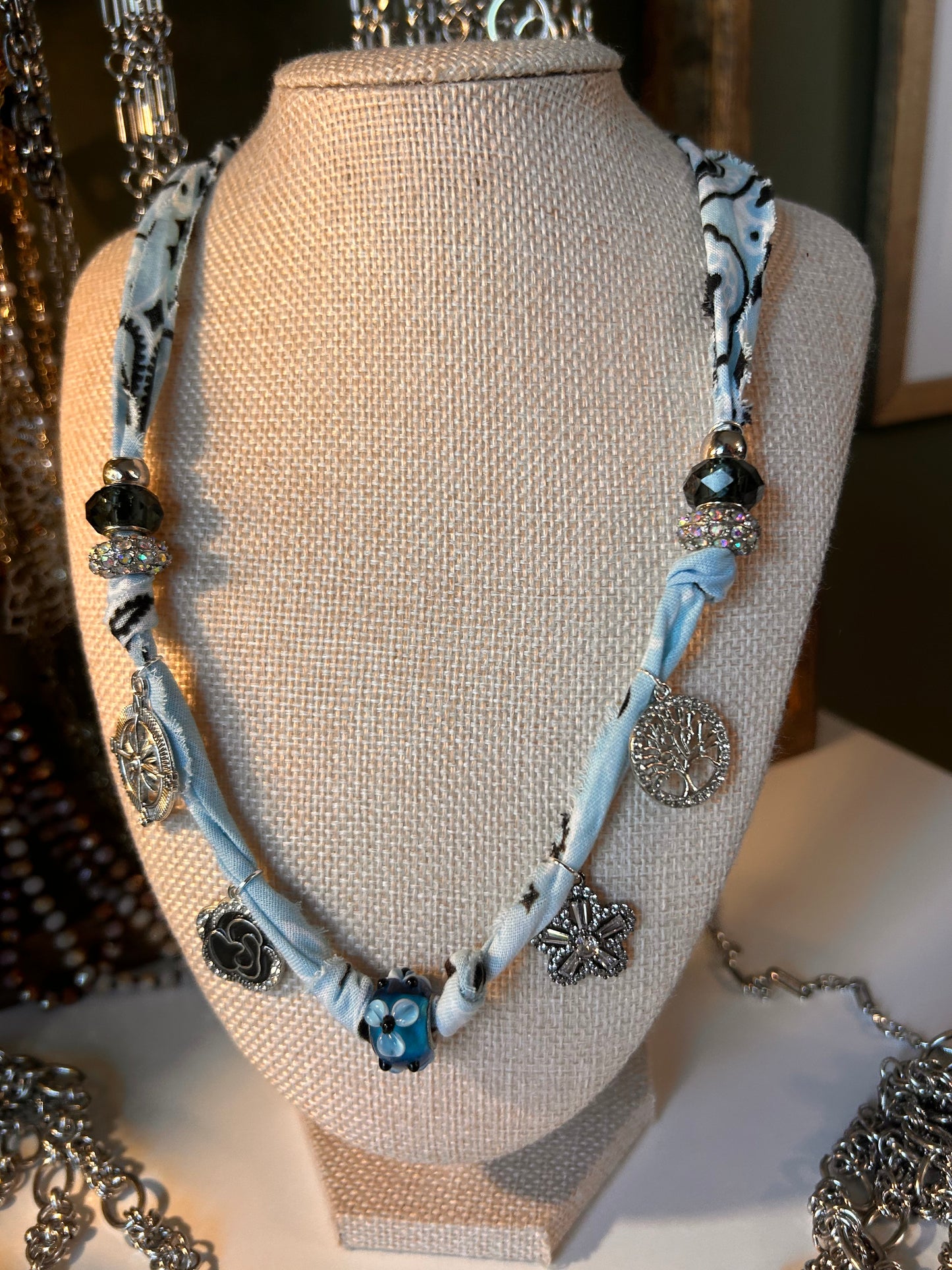 Raw Edge Bandana Ribbon Necklace with 9-10 Beads and/or standard Charms