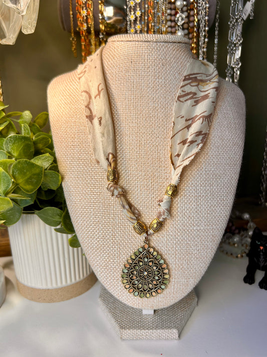 Raw Edge Bandana Ribbon Necklace with Beads and Charms