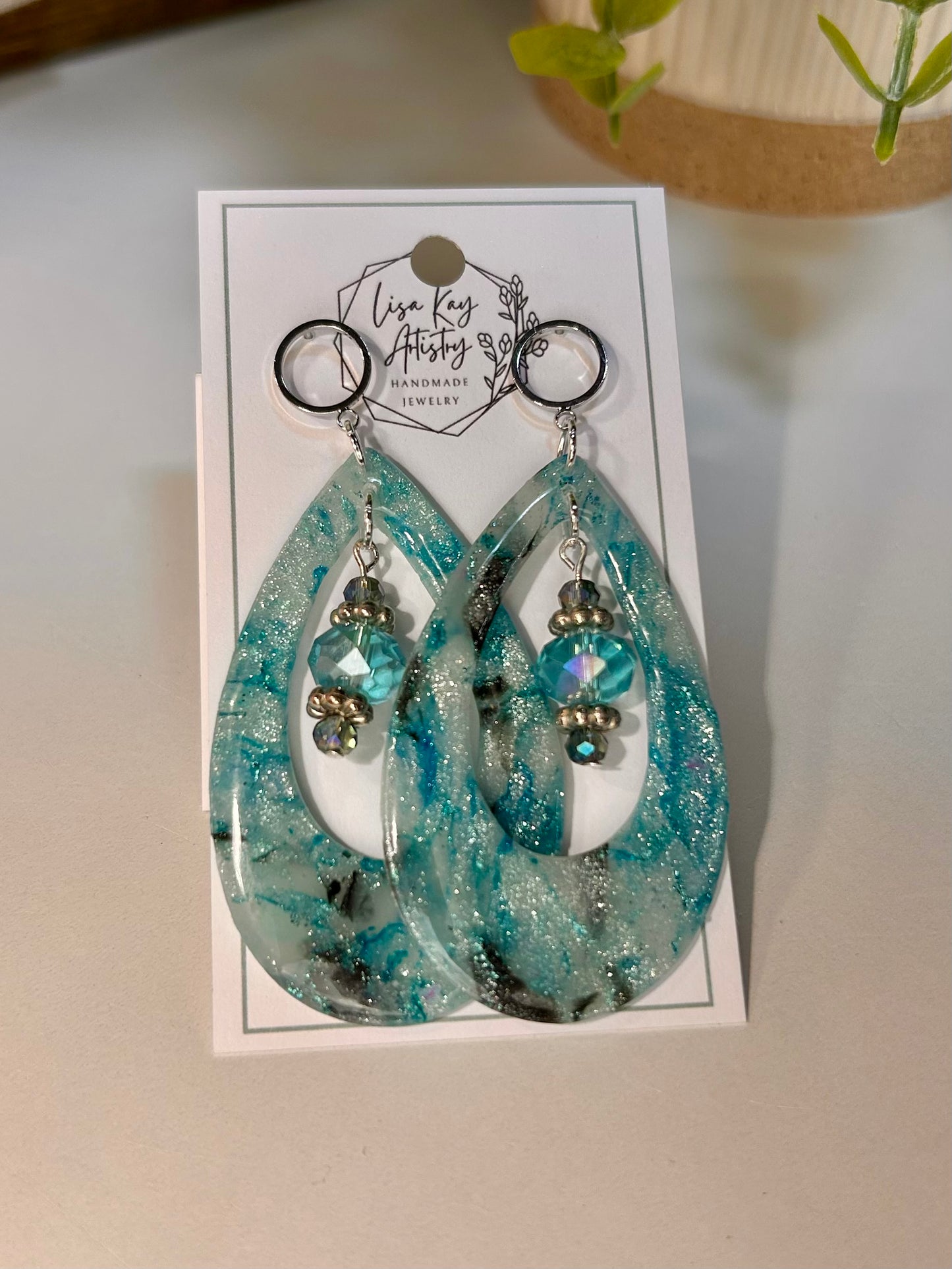 Northern Lights Tear Drop Large in Teal Blue Aqua Black Statement