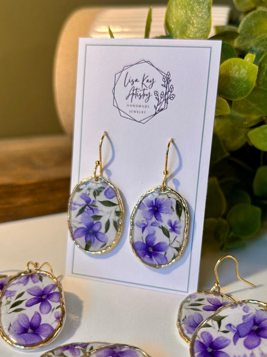 Violet Print Framed Oval Dangle