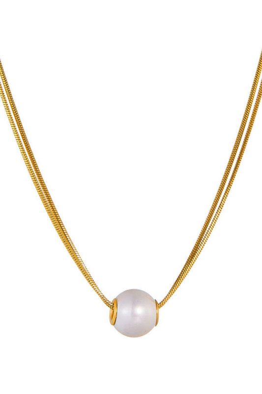 Pearl and 18K Gold Plated Stainless Steel Chain Necklace - 7761