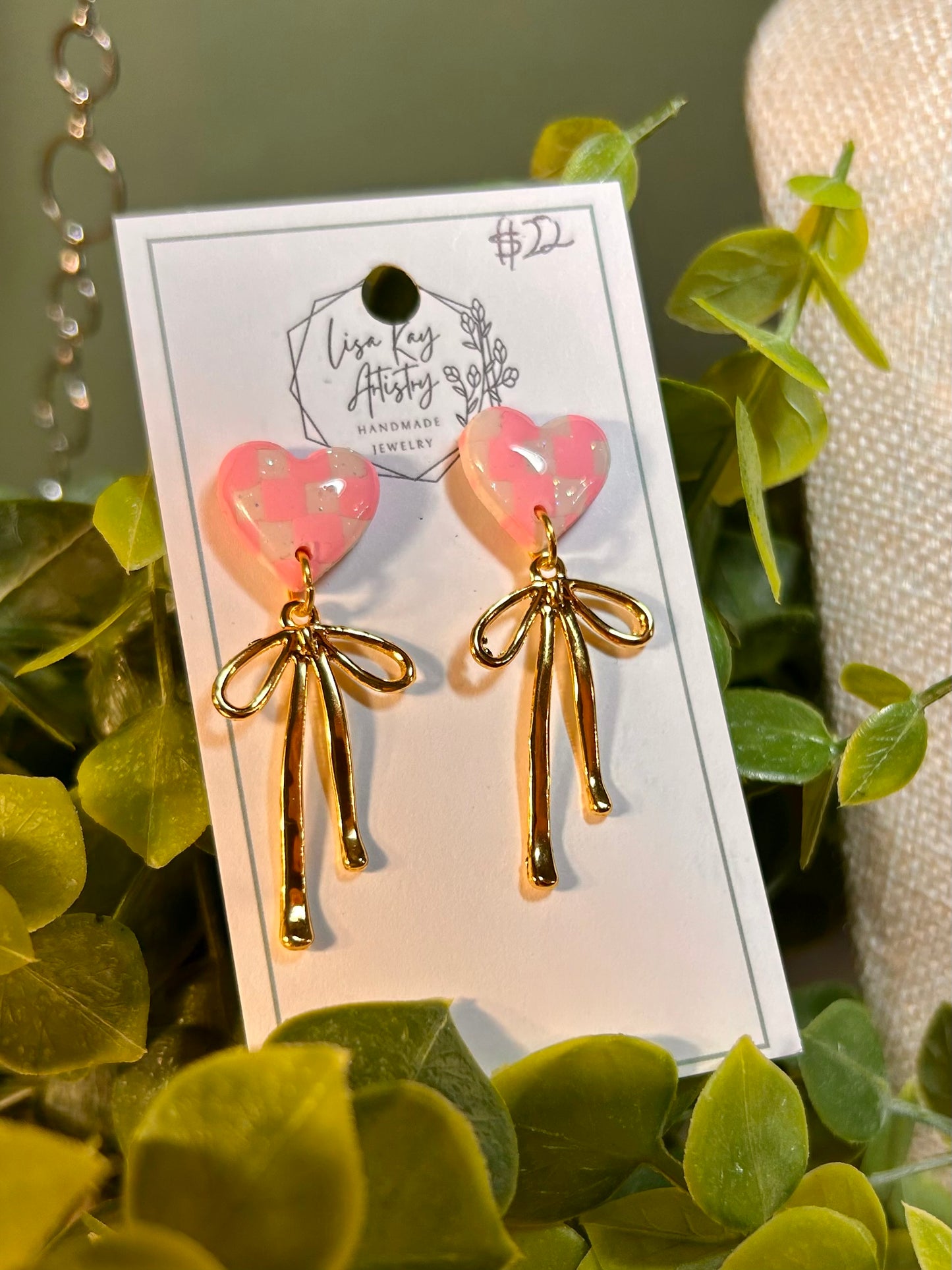 Pink and White Checkered Heart with gold Bow Dangle Earrings