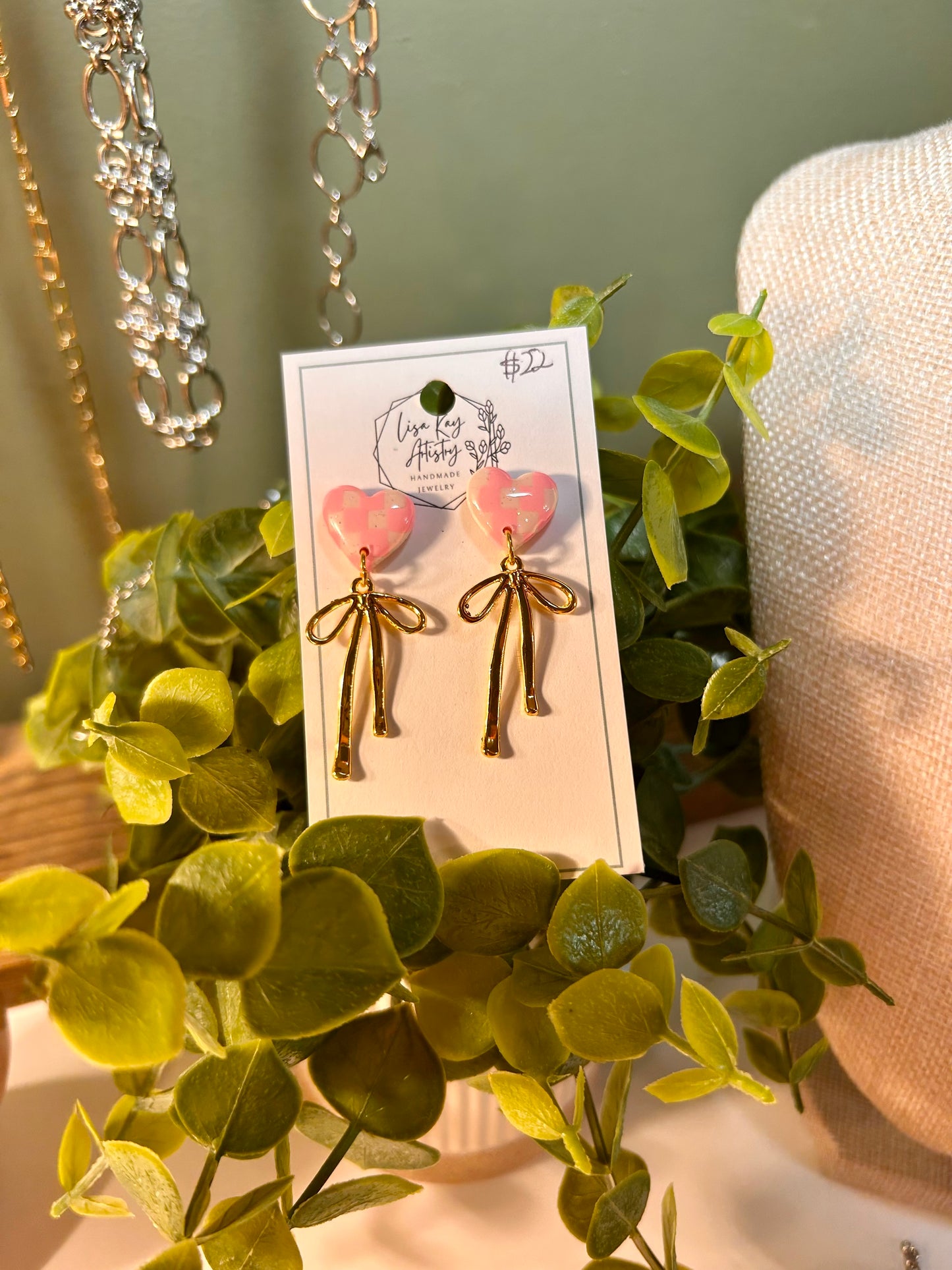 Pink and White Checkered Heart with gold Bow Dangle Earrings