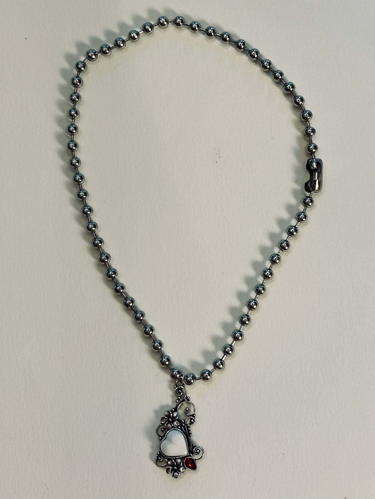 Detailed Heart and Steel Pendant Charm Necklace on stainless steel ball link chain