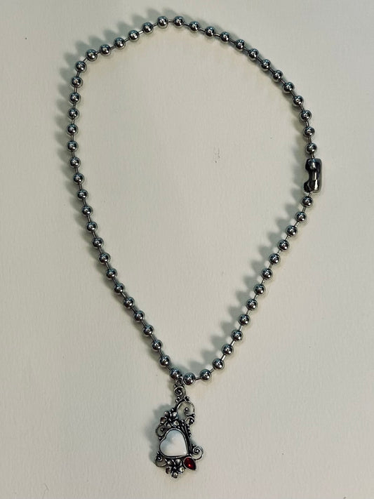 Detailed Heart and Steel Pendant Charm Necklace on stainless steel ball link chain