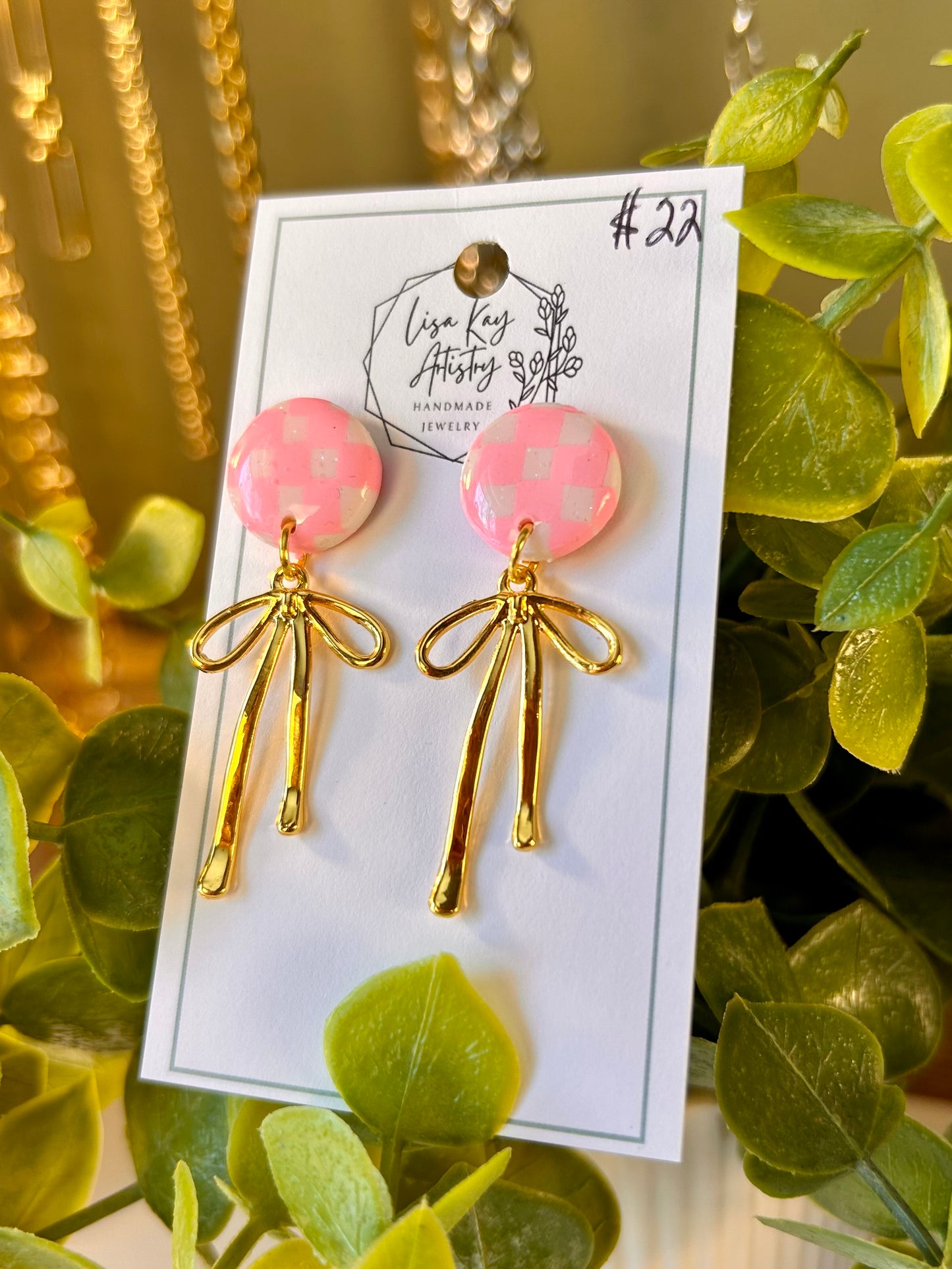 Pink and White Checkered Round with gold Bow Dangle Earrings