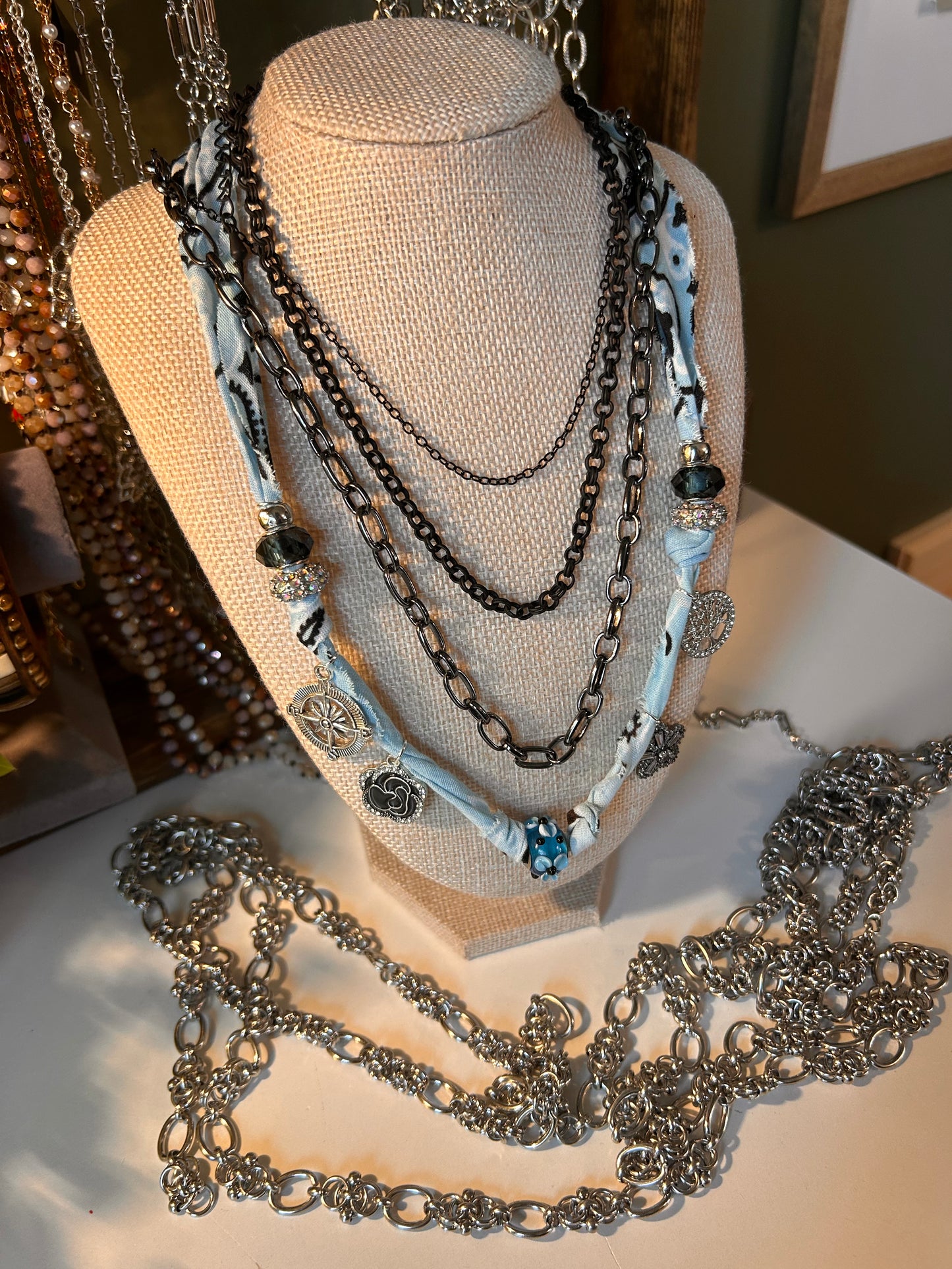 Raw Edge Bandana Ribbon Necklace with 9-10 Beads and/or standard Charms