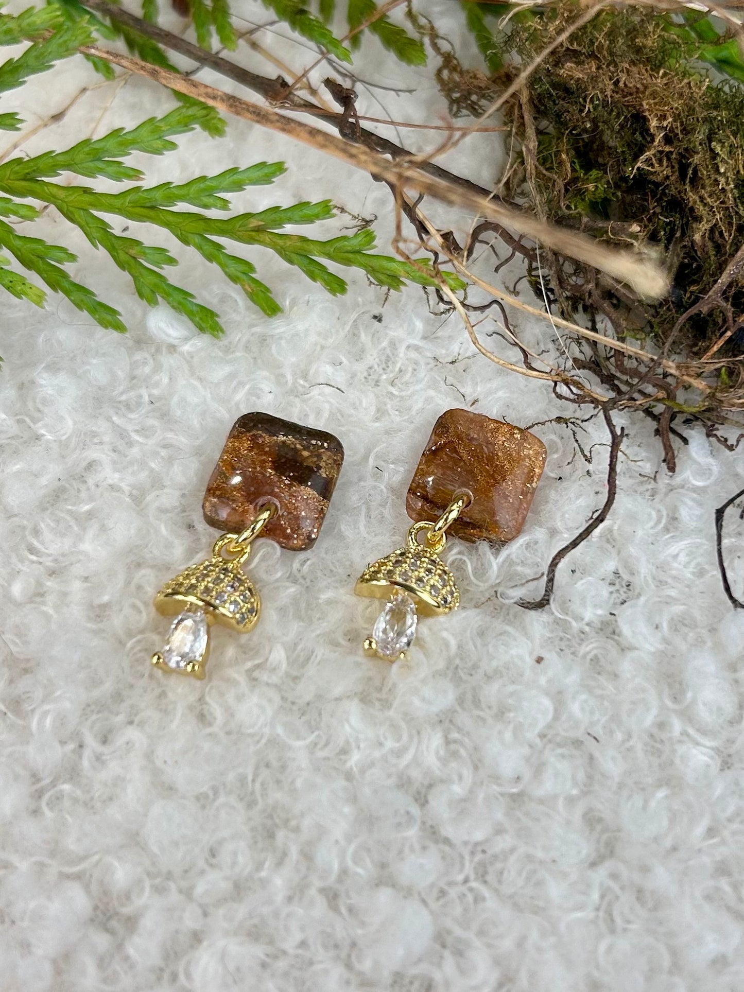 Forest Floor Micro mushroom Dangle Earrings Handmade Brown and Gold