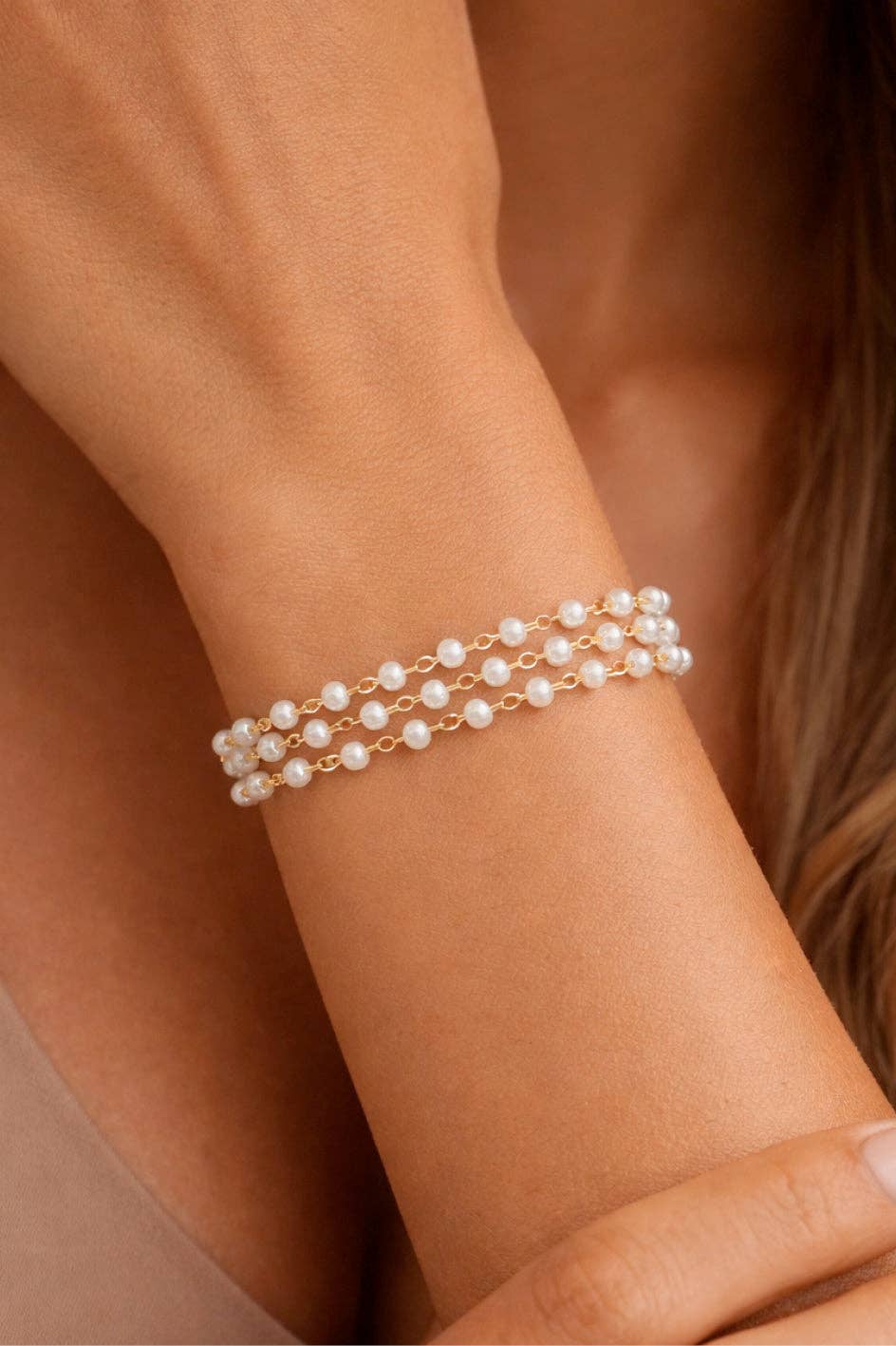 Pearl and 18K Gold Plated Stainless Steel Chain Bracelet - 7561