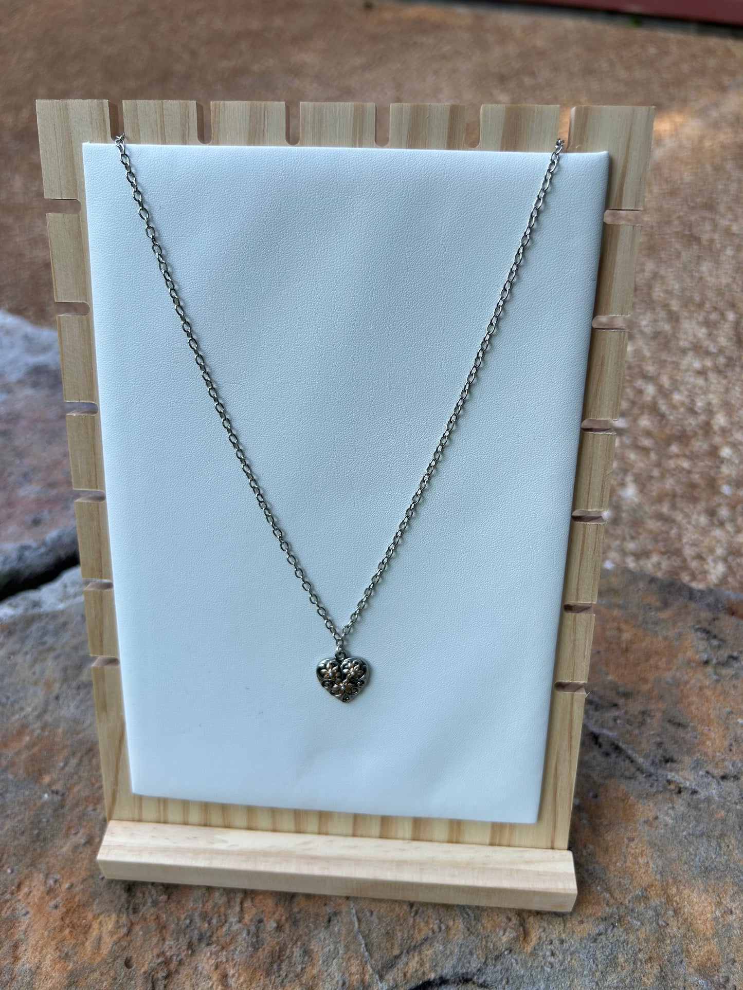 Silver & Gold Floral Heart Charm Necklace- ready to wear