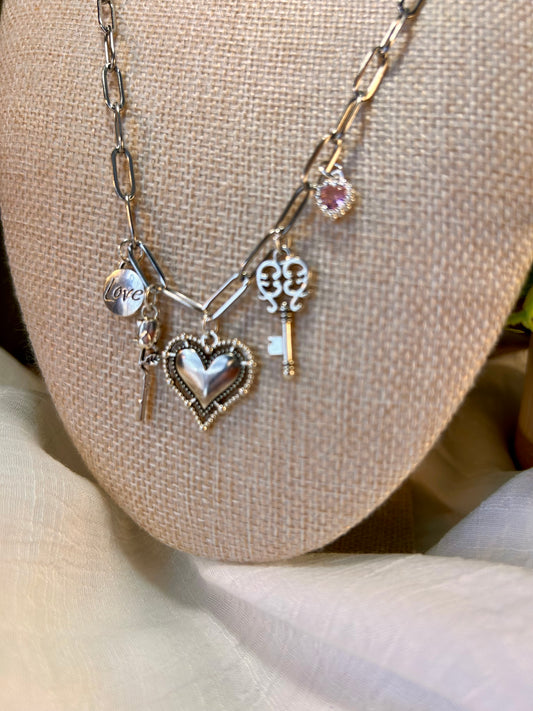 Paperclip Chain Hearts & Love Necklace Stainless Steel with 5 Charms