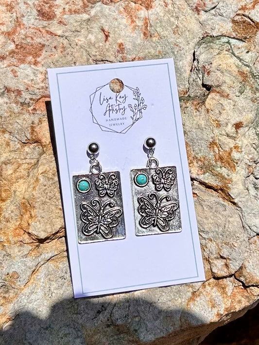 Butterfly Faux Turquoise and Steel Charms & Earrings