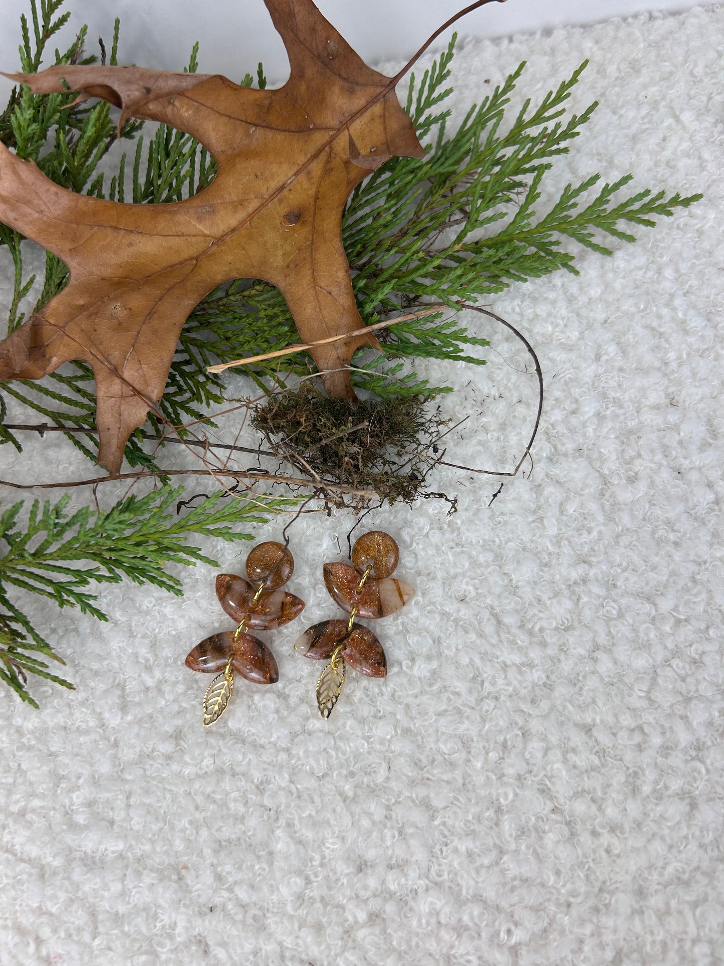 Forest Floor Leaf Stack 1 Dangles Handmade Brown and Gold Earrings