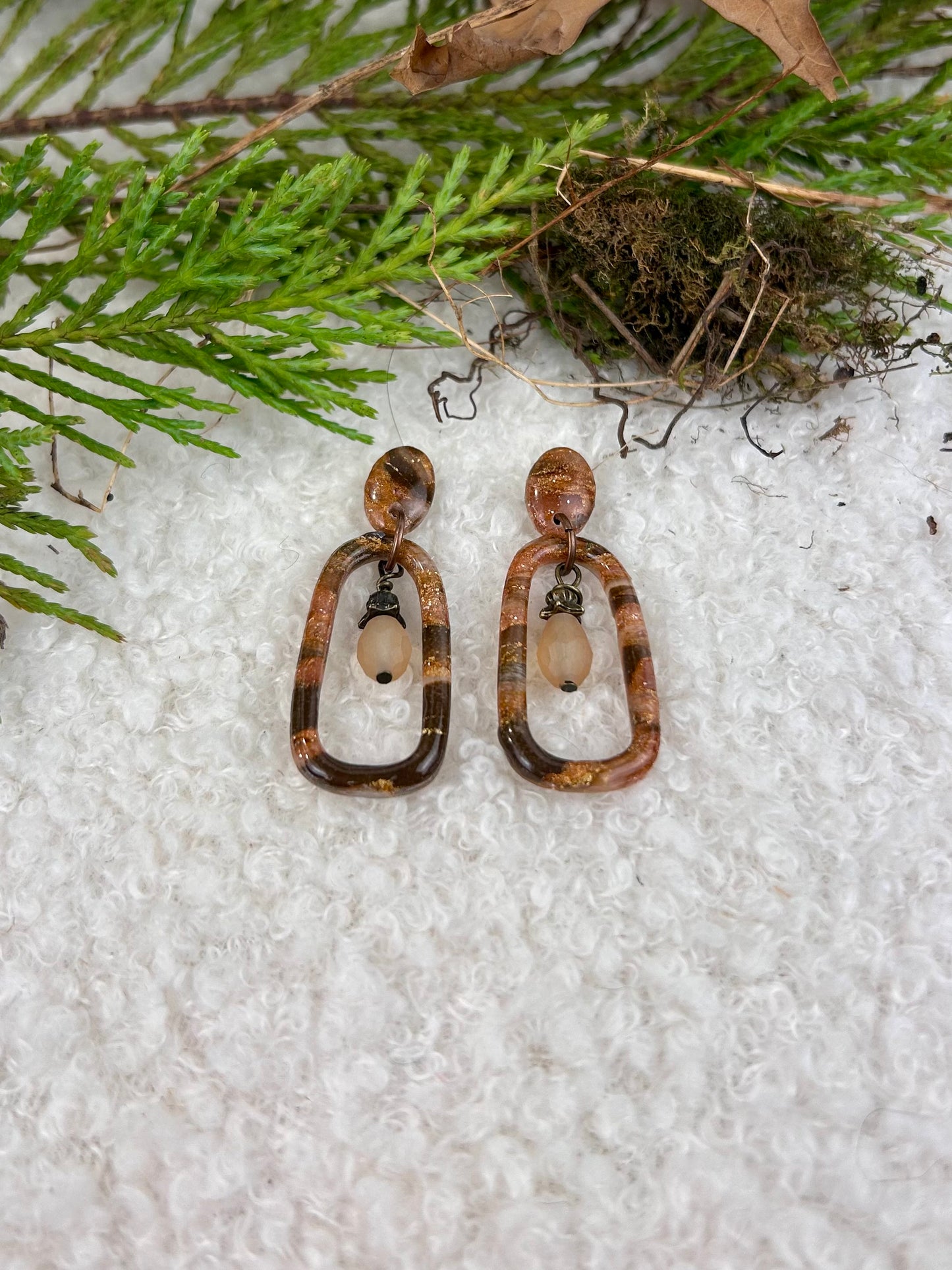 Forest Floor Quartz Dangle Earrings Handmade Brown and Gold