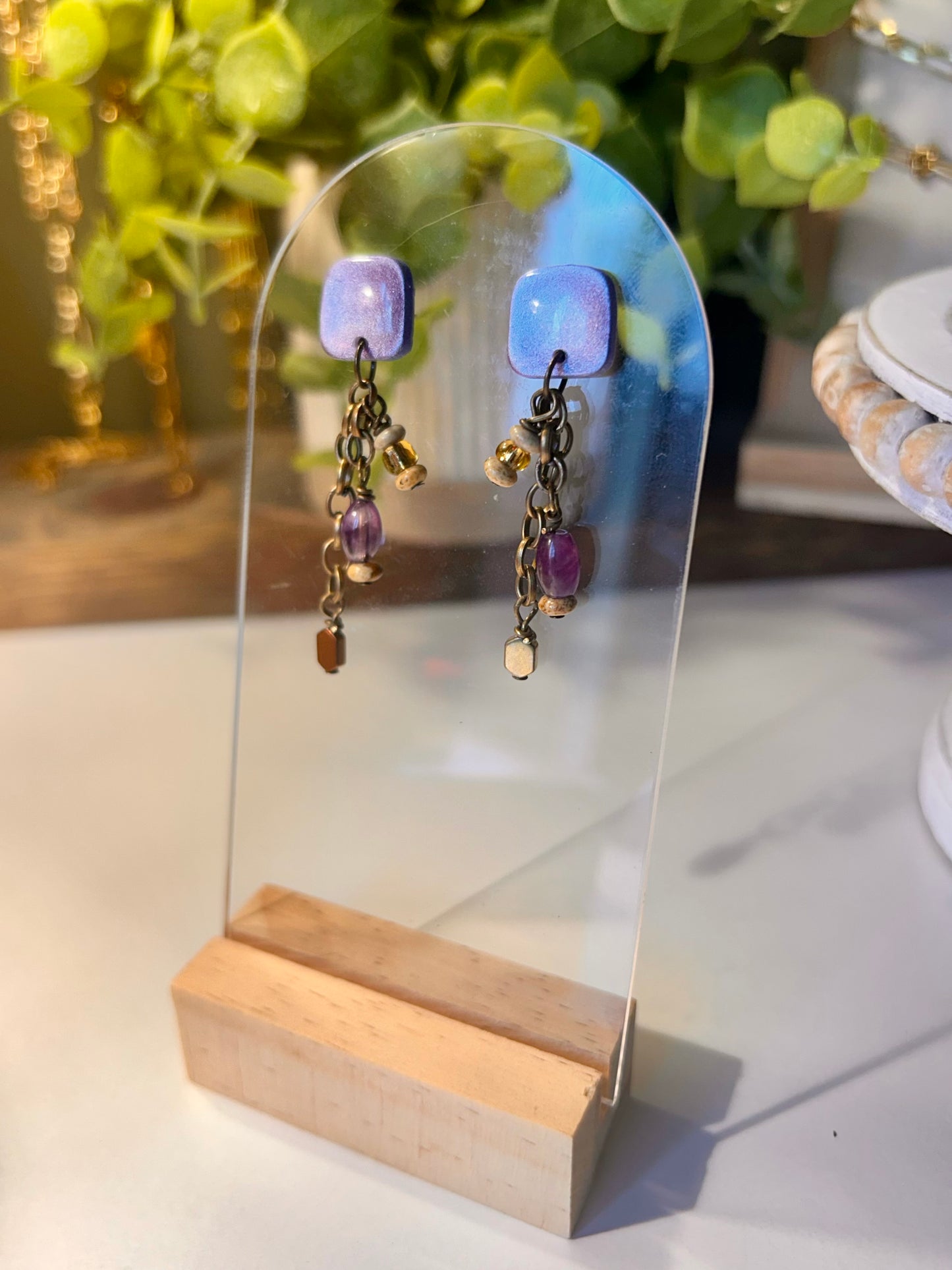 Rounded Square Deep Amethyst Purple Beaded Dangle Earrings